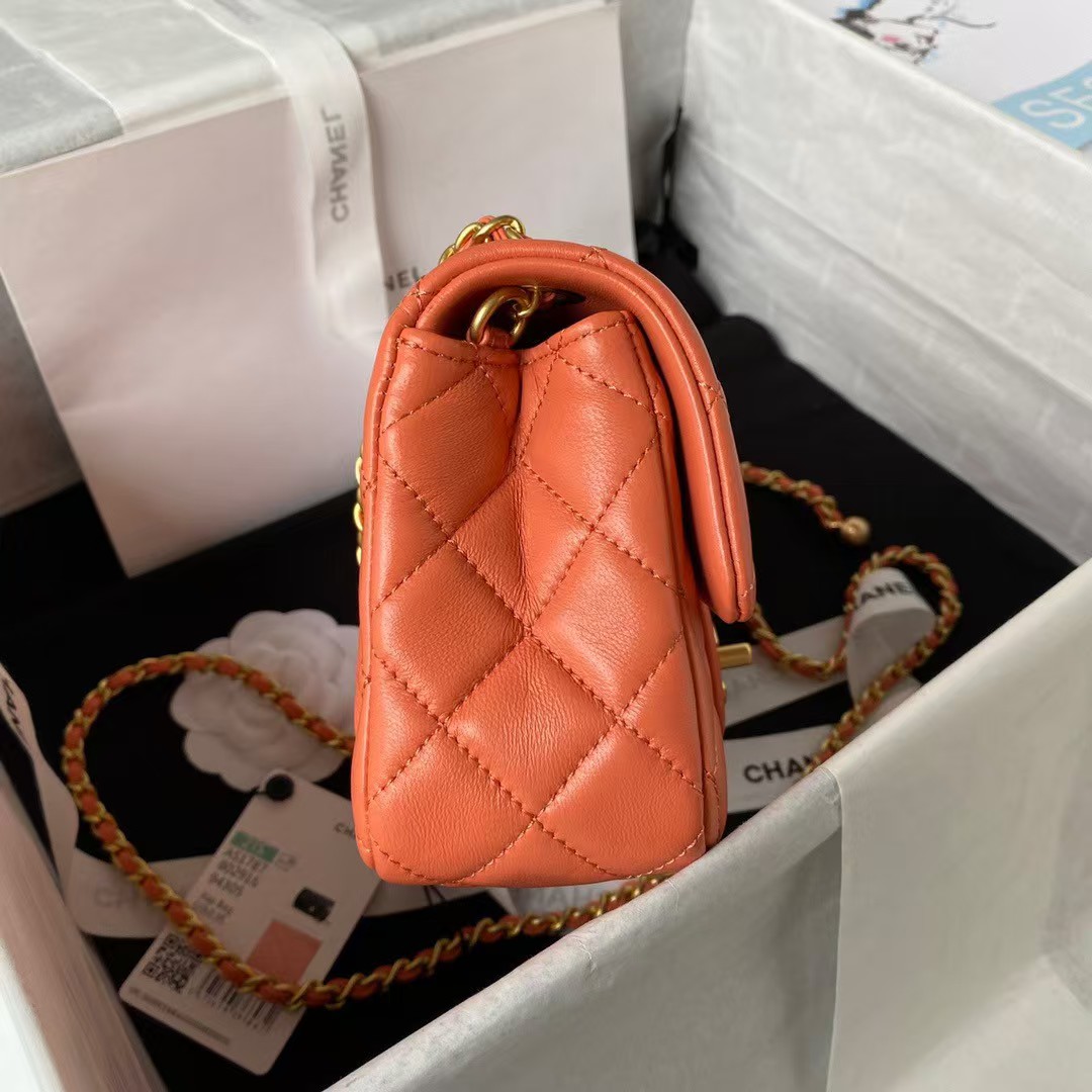 Replicate Chanel 23K AS1787 Mini Pearl Embossed Rectangular Flap Bag Lambskin Brushed Metal Hardware Orange(1:1 replica)