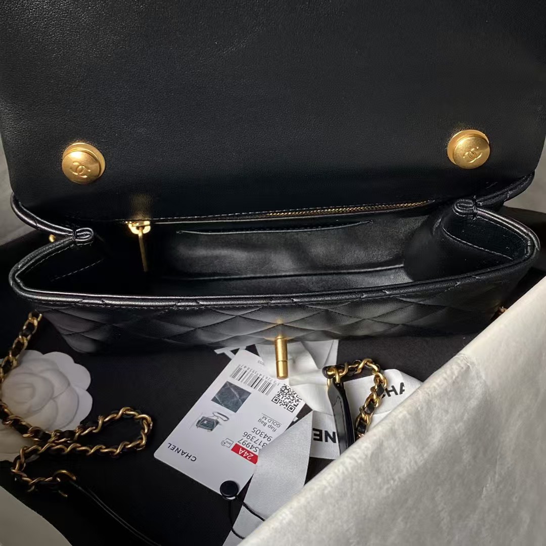 Replicate Chanel AS4997 Flap Bag with top Handle Shiny Lambskin Imitation Pearls   Gold-Tone Metal Black(1:1 replica)