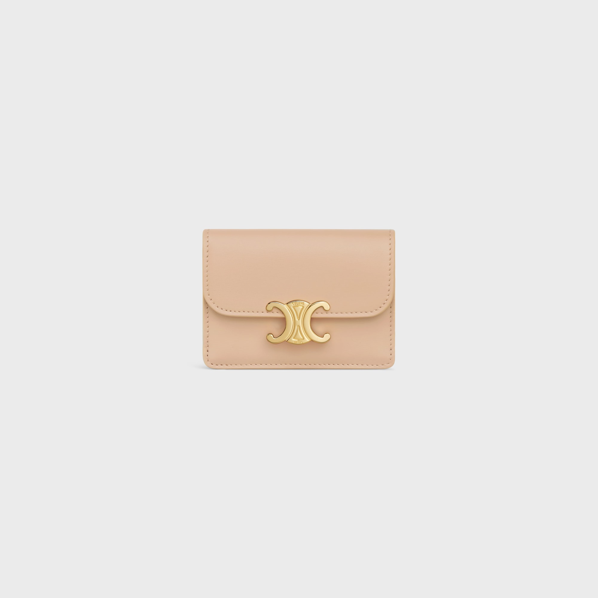 Replicate CARD HOLDER WITH FLAP TRIOMPHE IN SHINY CALFSKIN OAT BEIGE(1:1 replica)