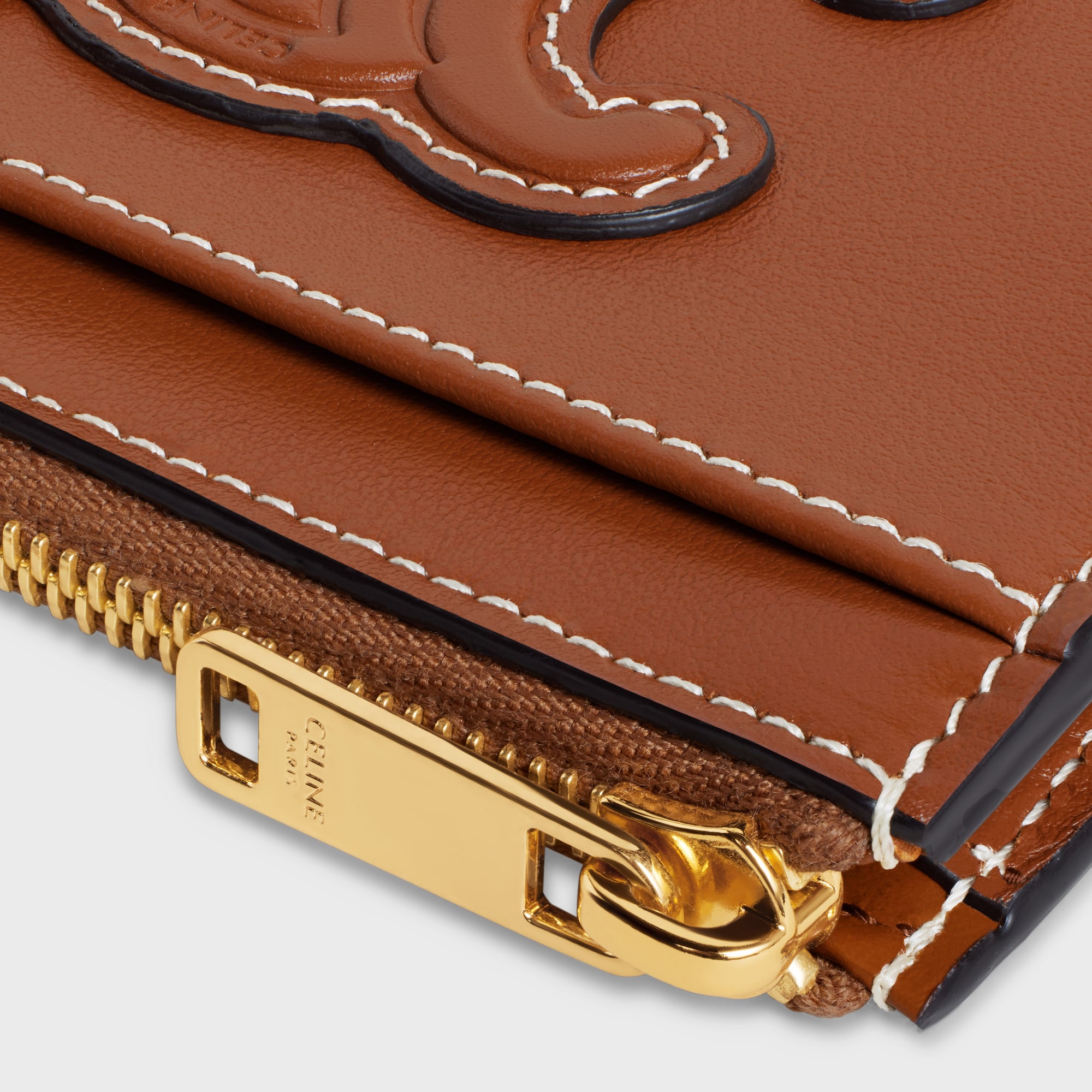 Replicate ZIPPED CARD HOLDER CUIR TRIOMPHE IN SHINY CALFSKIN TAN(1:1 replica)
