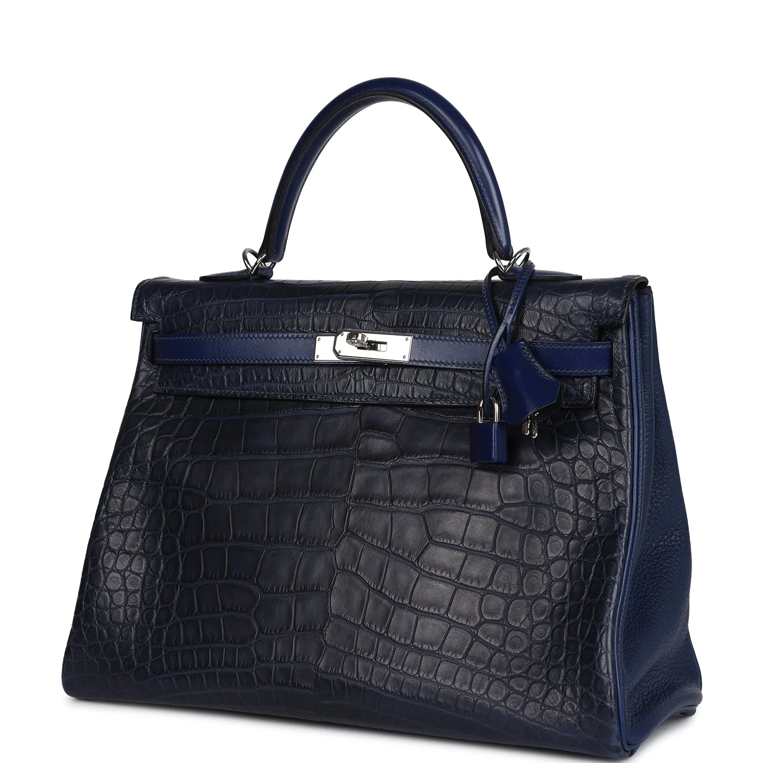 Replicate Hermes Kelly Retourne 35 Bleu Indigo Matte Alligator and Bleu Saphir Swift and Clemence Palladium Hardware(1:1 replica)