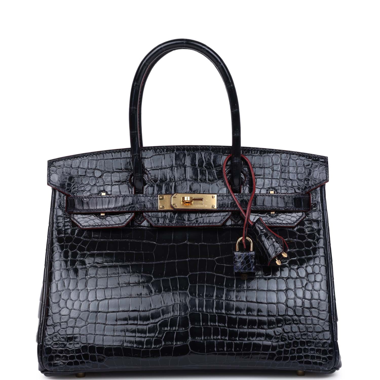 Replicate Hermes Birkin 30 Bleu Marine and Rouge H Contour Shiny Porosus Crocodile Gold Hardware(1:1 replica)