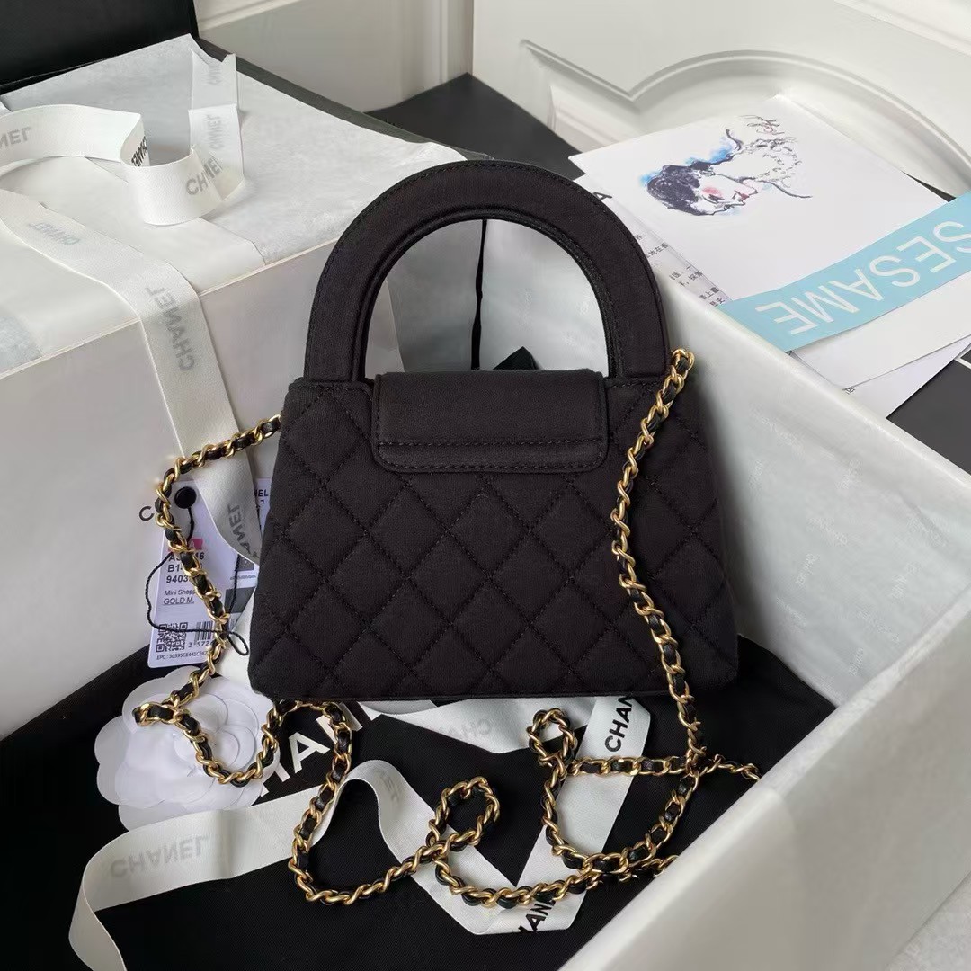 Replicate Chanel AS4416 Mini Shopping Bag Velvet and Black Calfskin Gold-Tone Metal Black(1:1 replica)