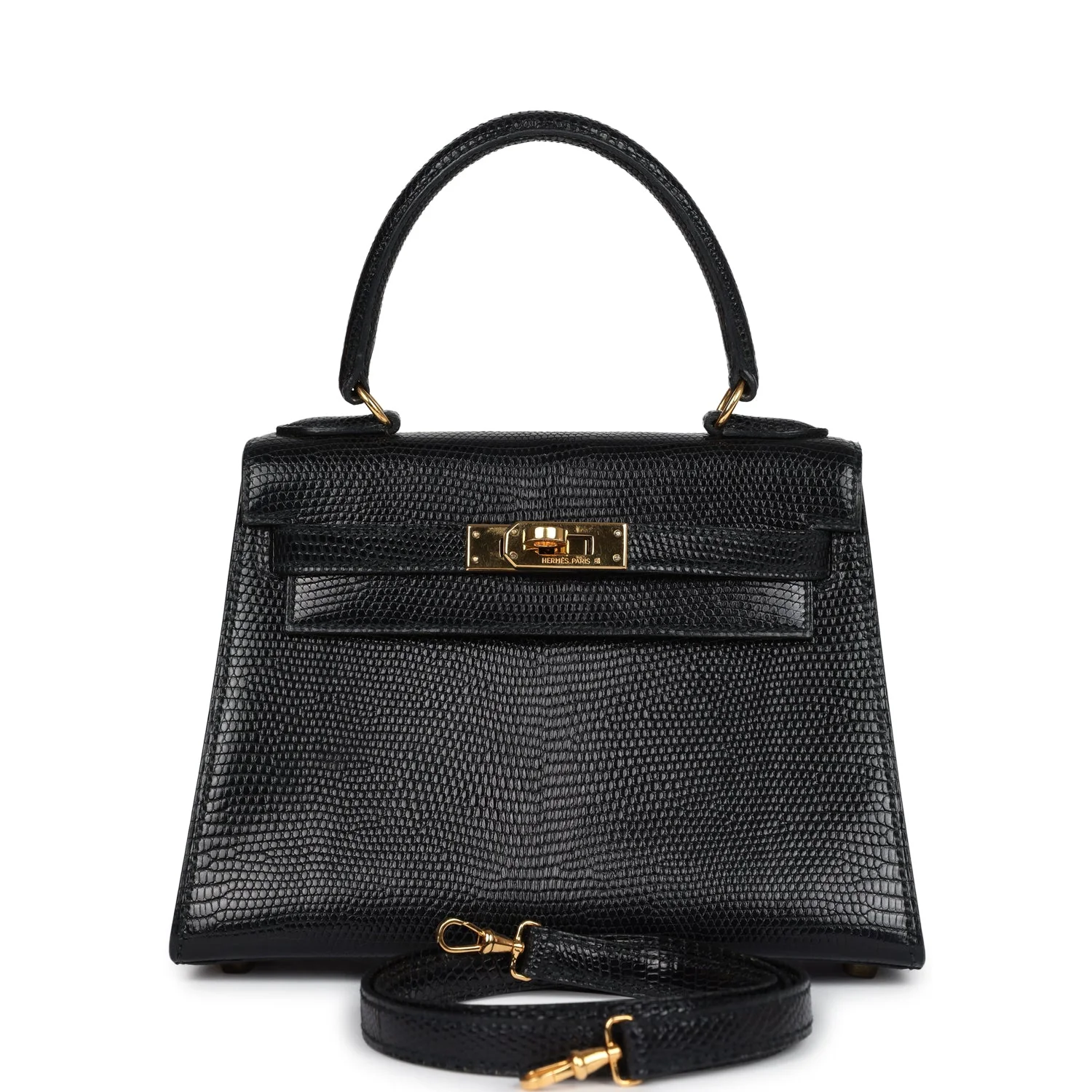 Replicate Vintage Hermes Kelly Sellier 20 Black Varanus Salvator Lizard Gold Hardware(1:1 replica)
