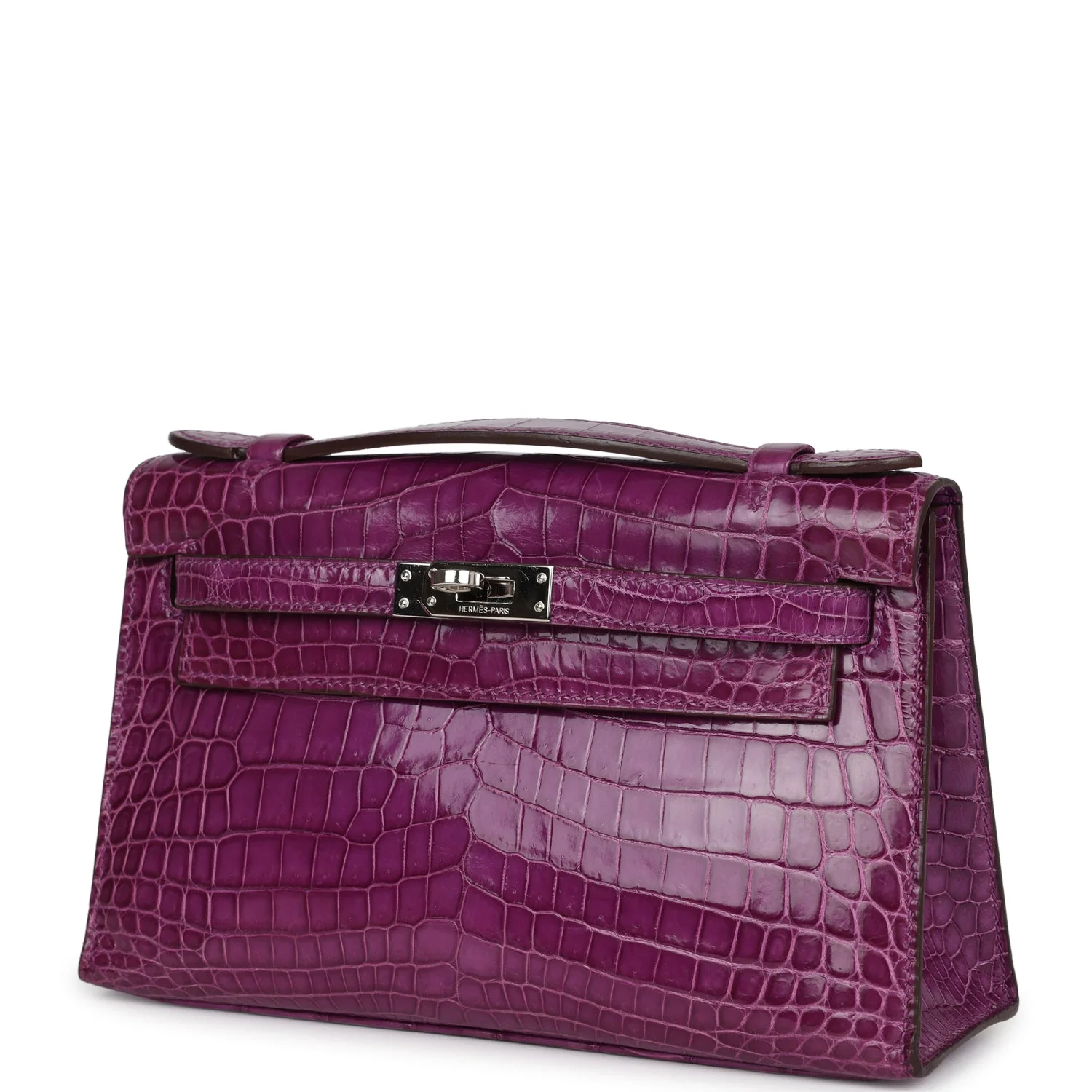 Replicate Hermes Kelly Pochette Violet Shiny Niloticus Crocodile Palladium Hardware(1:1 replica)