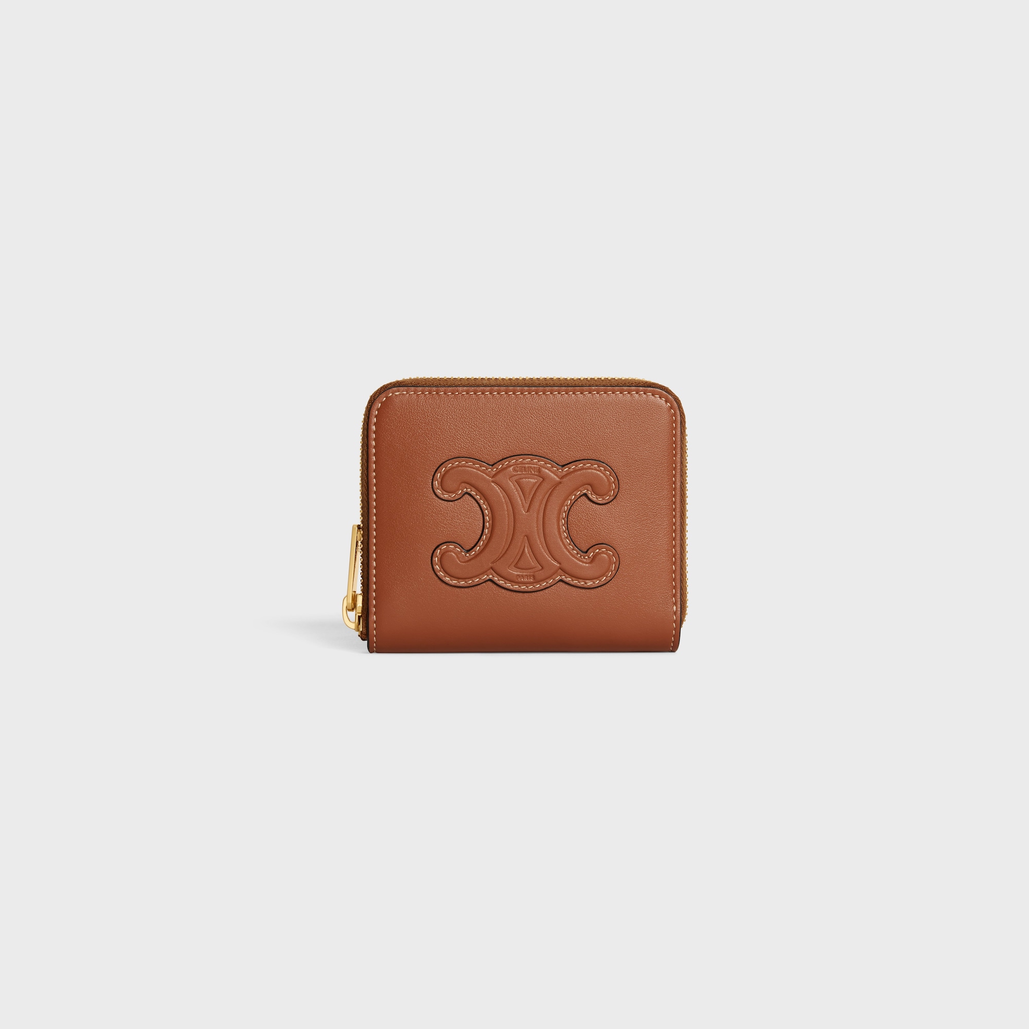 Replicate COMPACT ZIPPED WALLET CUIR TRIOMPHE IN SMOOTH CALFSKIN TAN(1:1 replica)