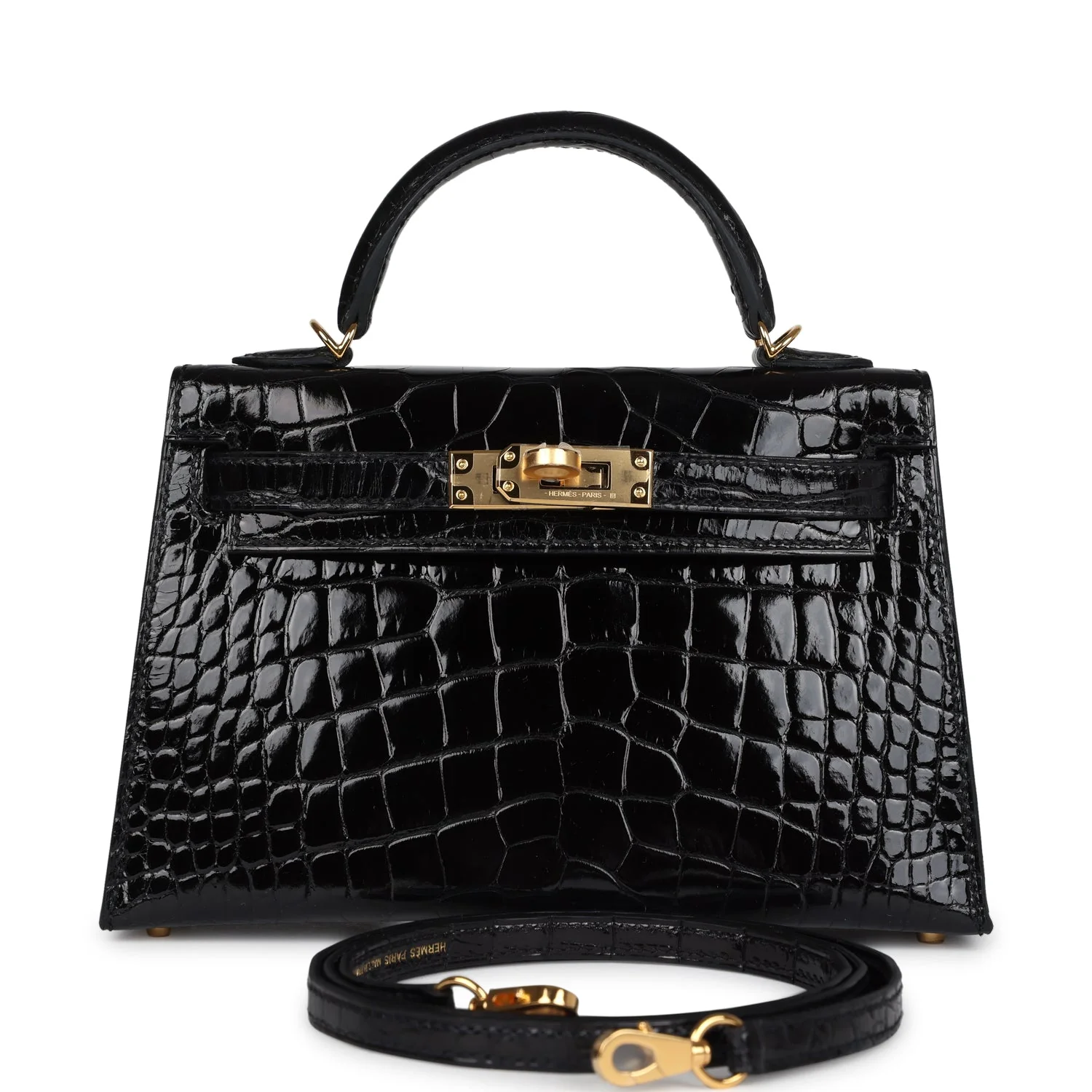 Replicate Hermes Kelly Sellier 20 Black Shiny Alligator Gold Hardware(1:1 replica)