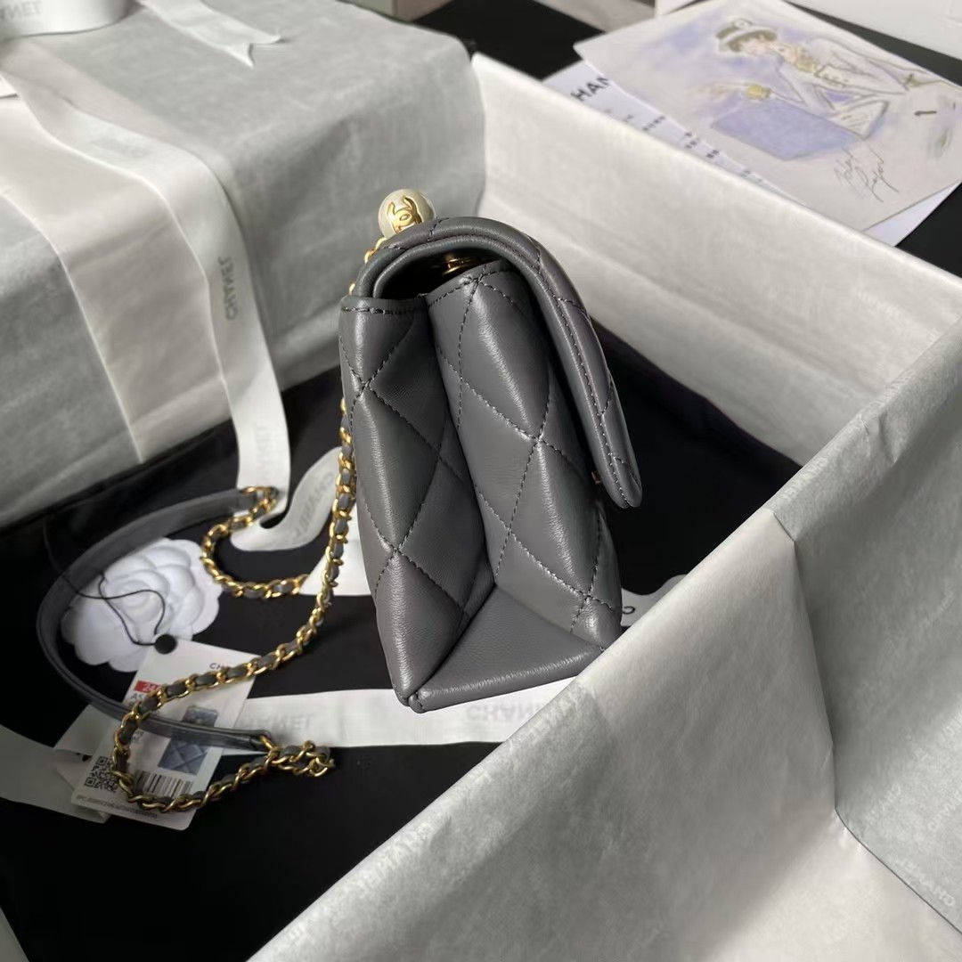 Replicate Chanel AS5001 Mini Flap Bag Top Handle Shiny Lambskin Imitation Pearl   Gold Metallic Grey(1:1 replica)