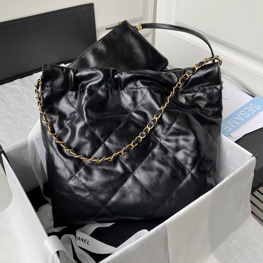 Replicate Chanel 22 AS3260 Small Bag Black Shiny Crumpled Calfskin Gold Hardware(1:1 replica)