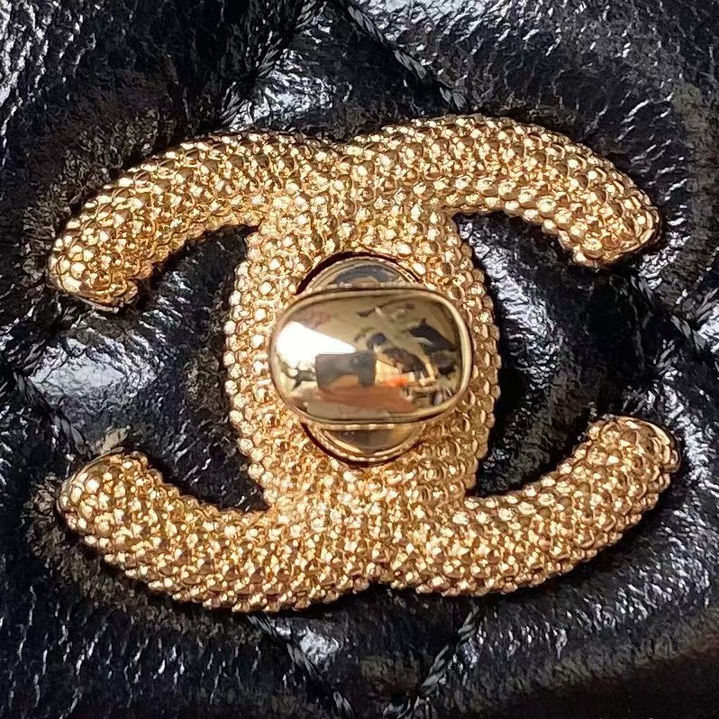 Replicate Chanel 24P AP3803 Shiny Crinkled Lambskin Chain Clutch Pearl Handle Black(1:1 replica)