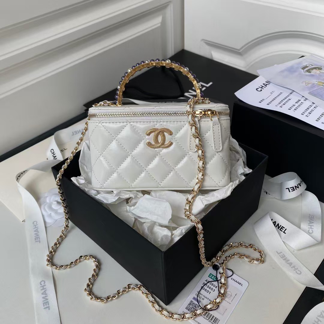 Replicate Chanel AP3804 Clutch Lambskin Cosmetic Bag With Pearl Handle White(1:1 replica)