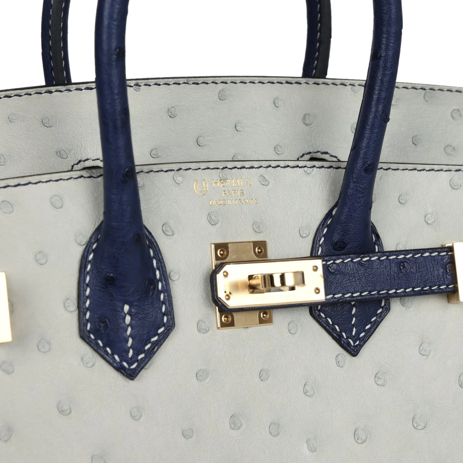 Replicate Hermes Special Order (HSS) Birkin 25 Gris Perle and Bleu Iris Ostrich Permabrass Hardware(1:1 replica)