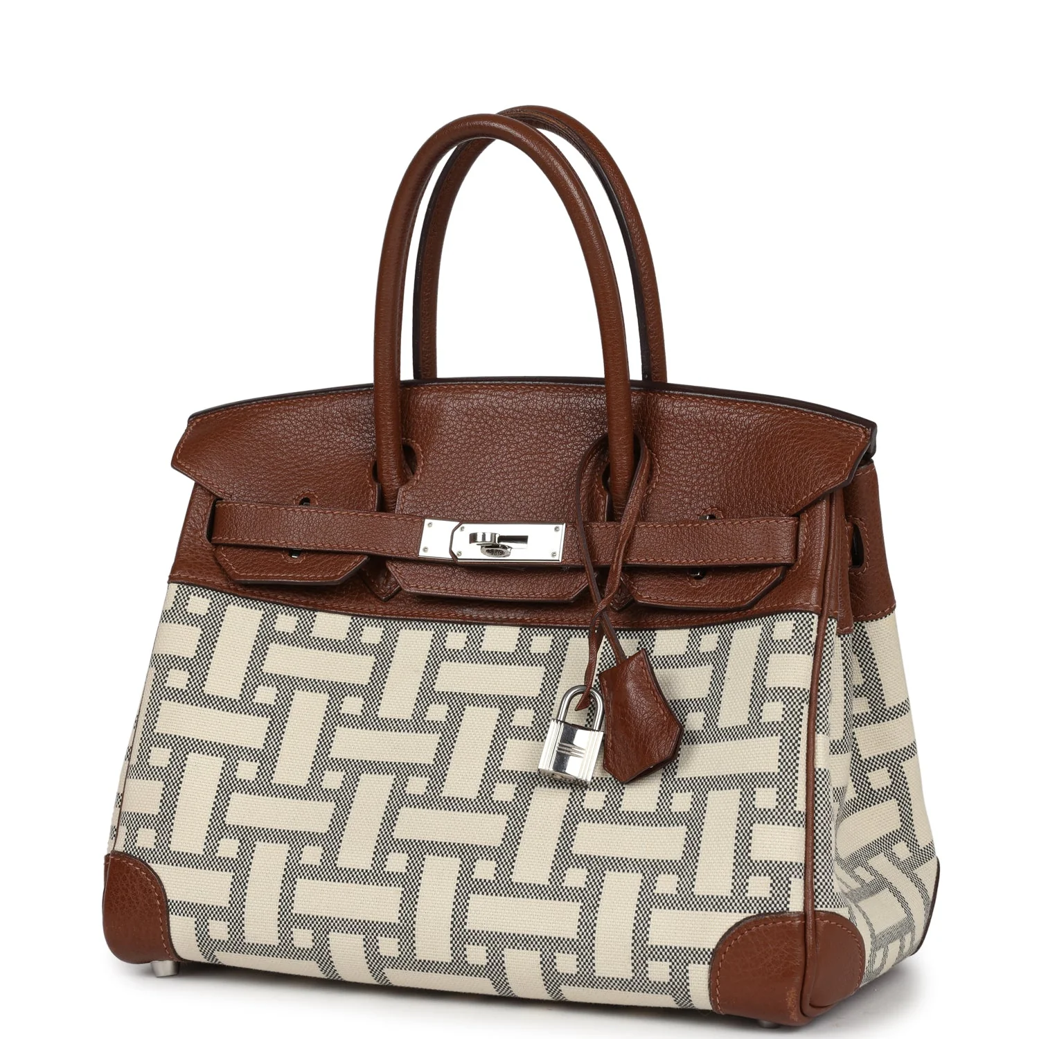 Replicate Hermes Birkin 30 Marron D'Inde Buffalo and Mosaique Canvas Palladium Hardware(1:1 replica)
