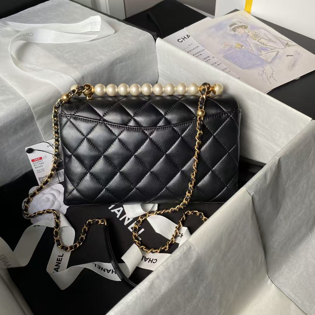 Replicate Chanel AS4997 Flap Bag with top Handle Shiny Lambskin Imitation Pearls   Gold-Tone Metal Black(1:1 replica)