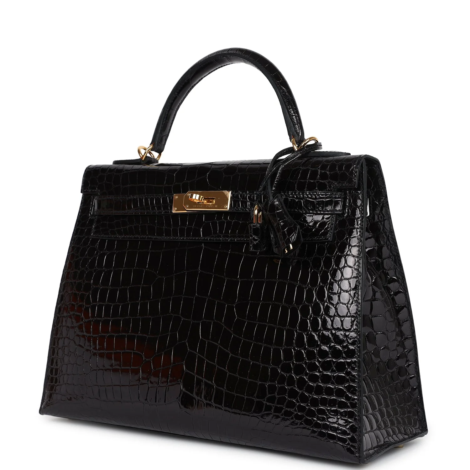 Replicate Hermes Kelly Sellier 32 Black Shiny Porosus Crocodile Gold Hardware(1:1 replica)