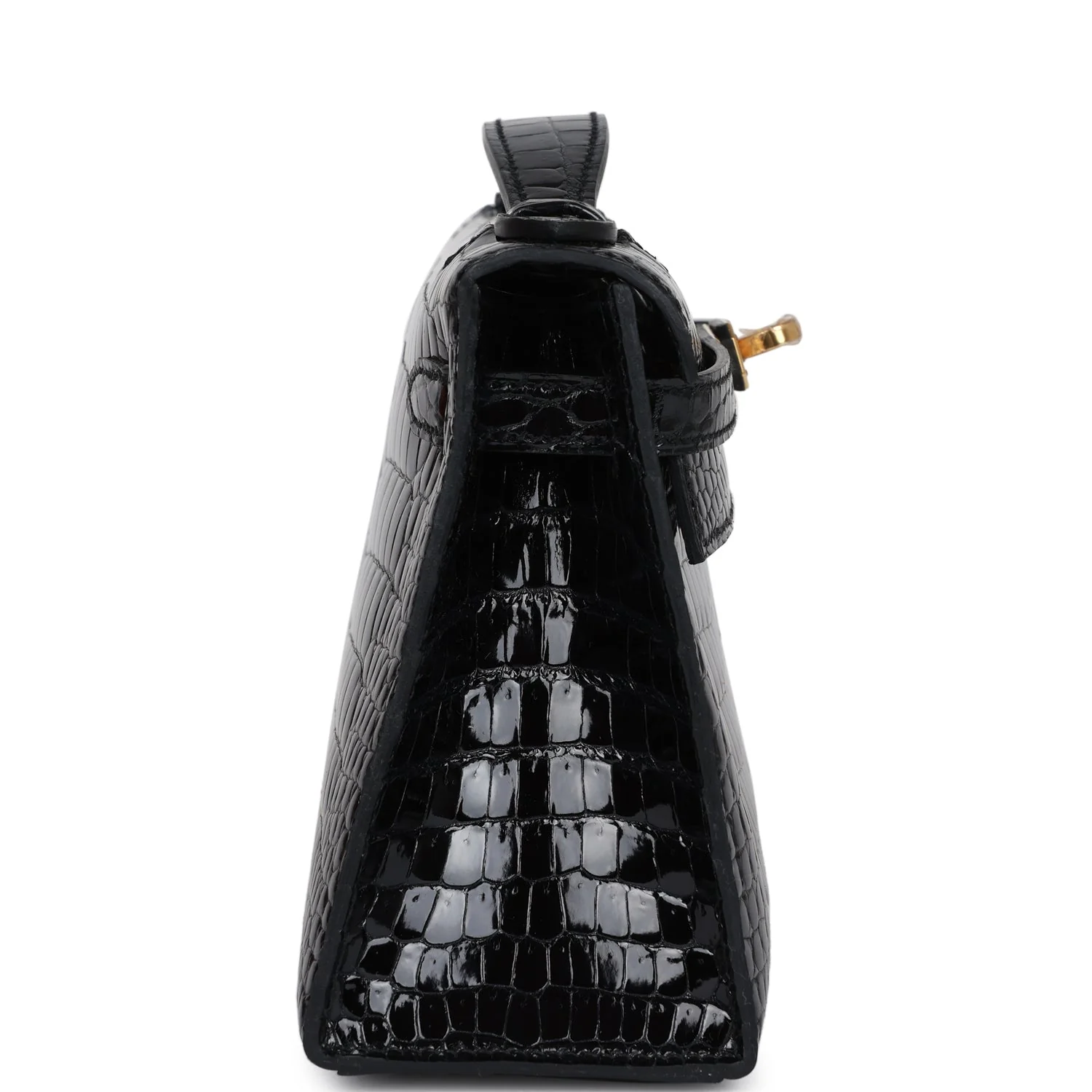 Replicate Hermes Kelly Pochette Black Shiny Porosus Crocodile Gold Hardware(1:1 replica)