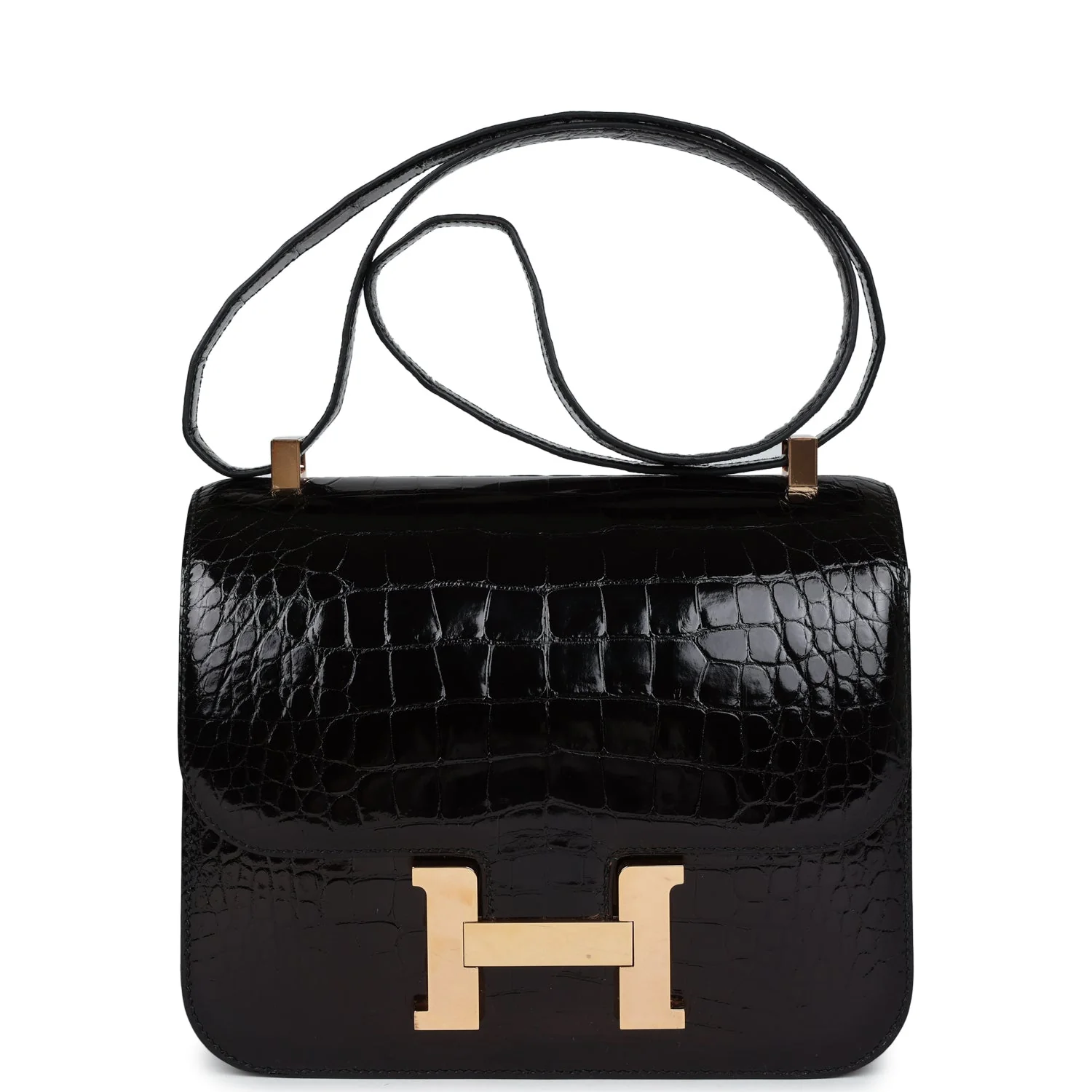Replicate Hermes Constance 24 Black Shiny Alligator Rose Gold Hardware(1:1 replica)