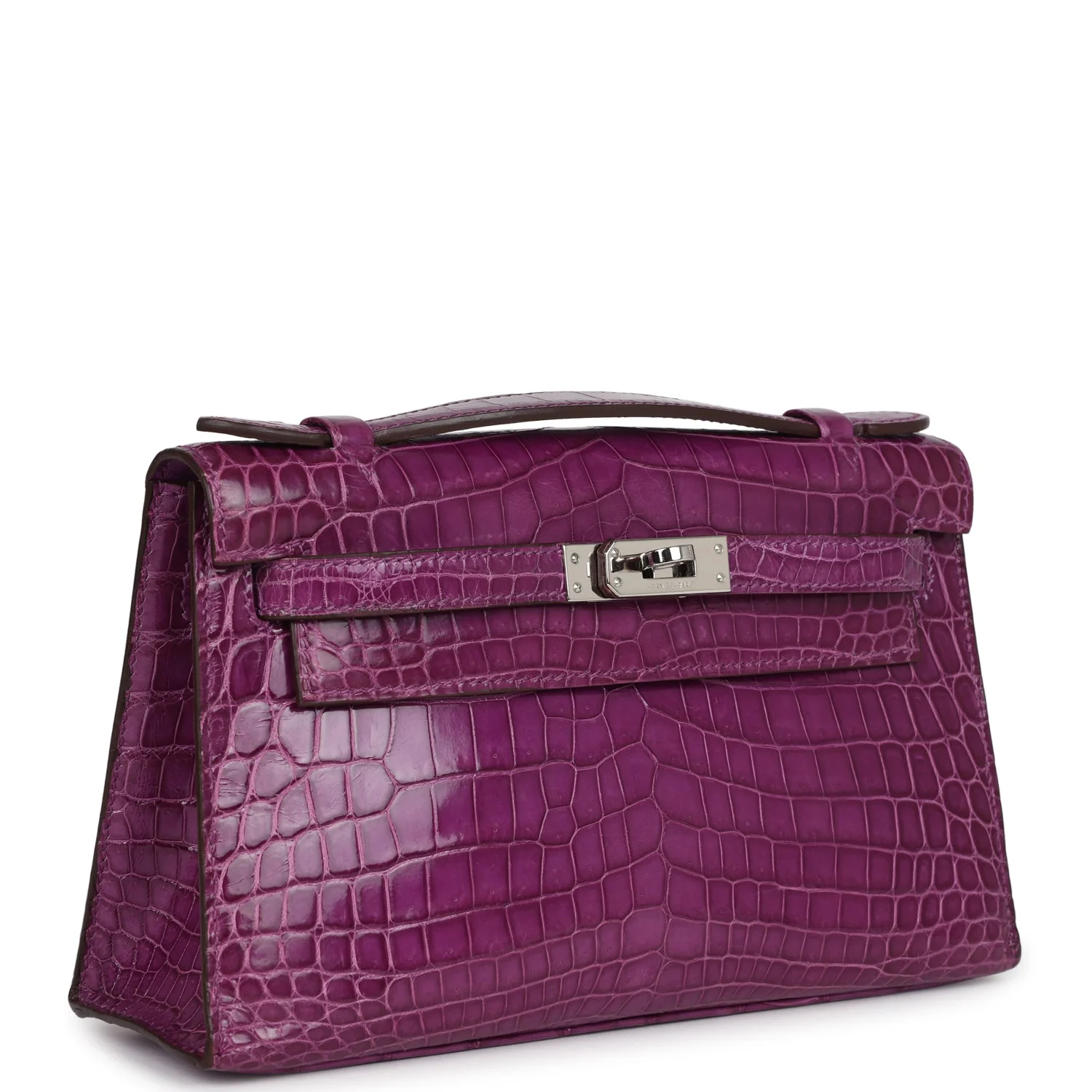 Replicate Hermes Kelly Pochette Violet Shiny Niloticus Crocodile Palladium Hardware(1:1 replica)
