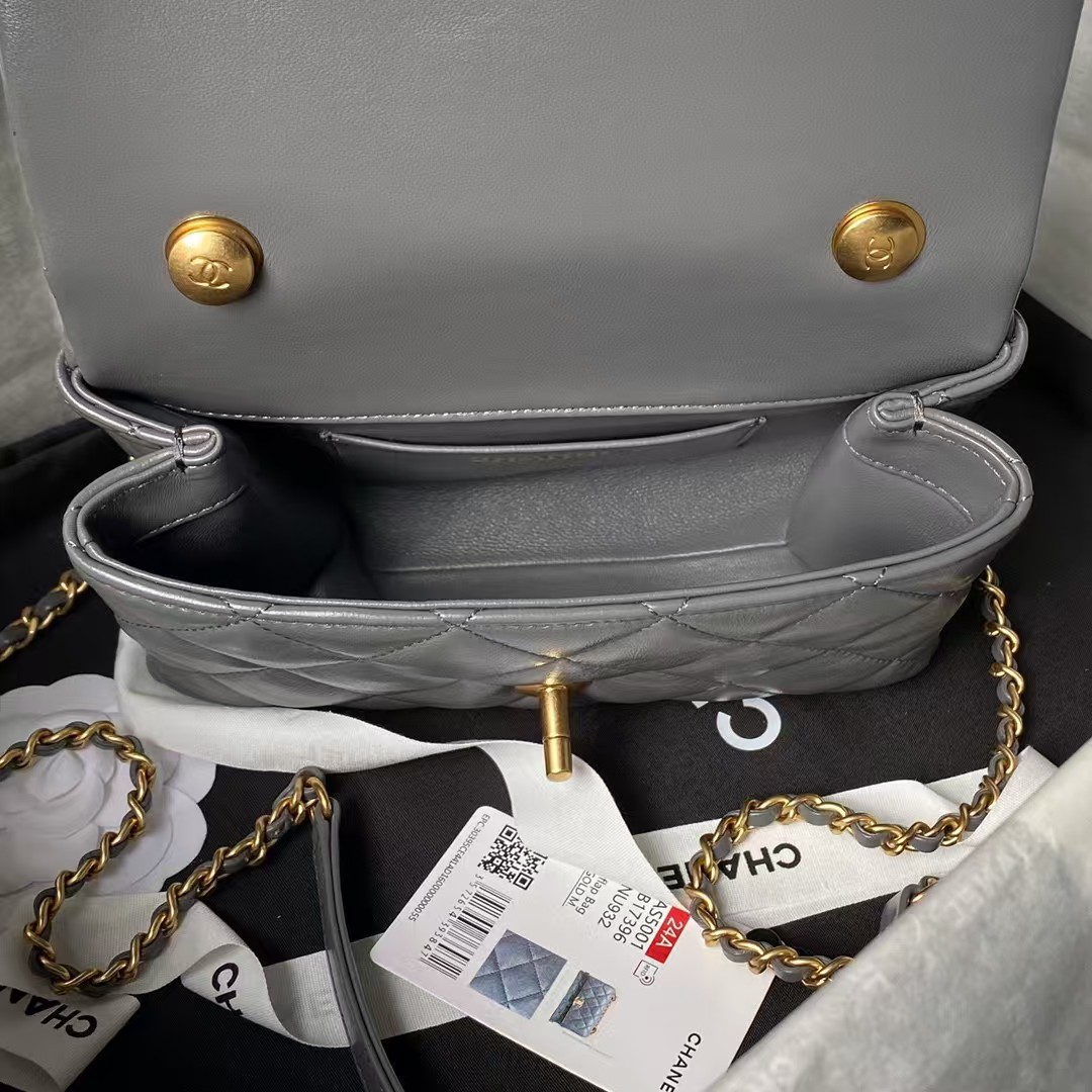 Replicate Chanel AS5001 Mini Flap Bag Top Handle Shiny Lambskin Imitation Pearl   Gold Metallic Grey(1:1 replica)
