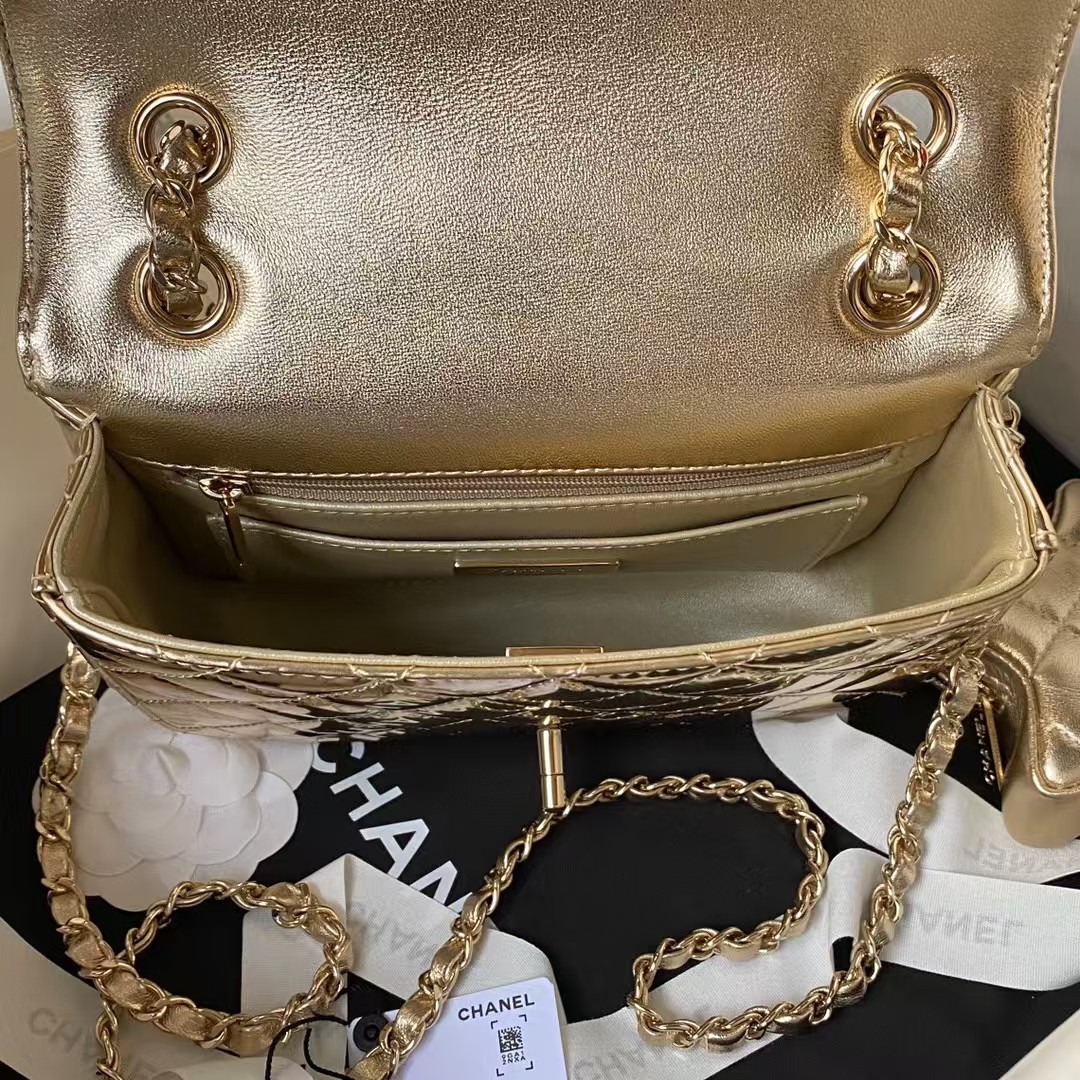 Replicate Chanel AS4647 Mini Flap Bag With Star Coin Purse Metallic Calfskin   Gold Metallic Gold(1:1 replica)