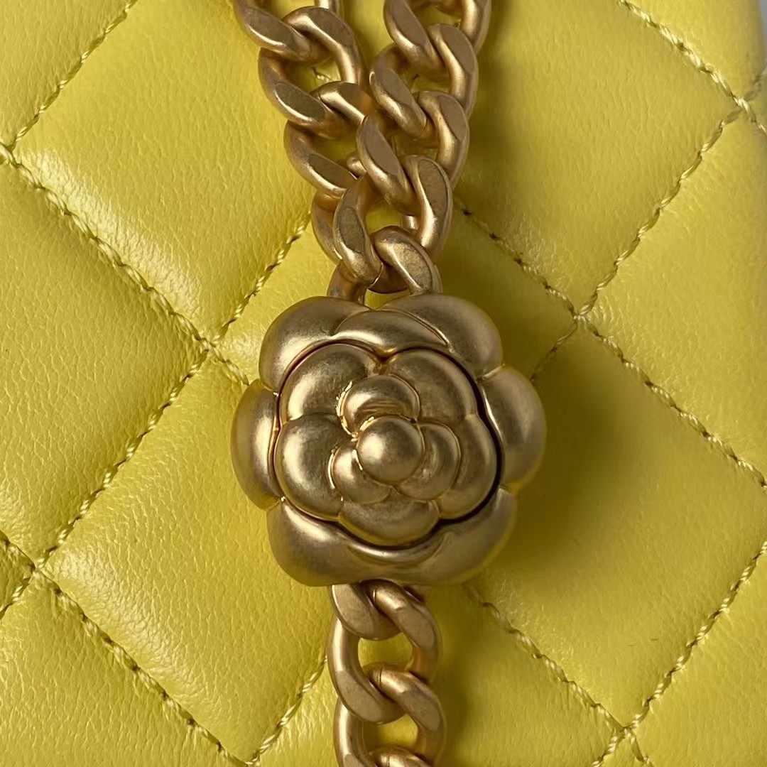 Replicate Chanel 23S AS4064 Camellia Embossed Chain Lambskin Flap Bag Yellow(1:1 replica)