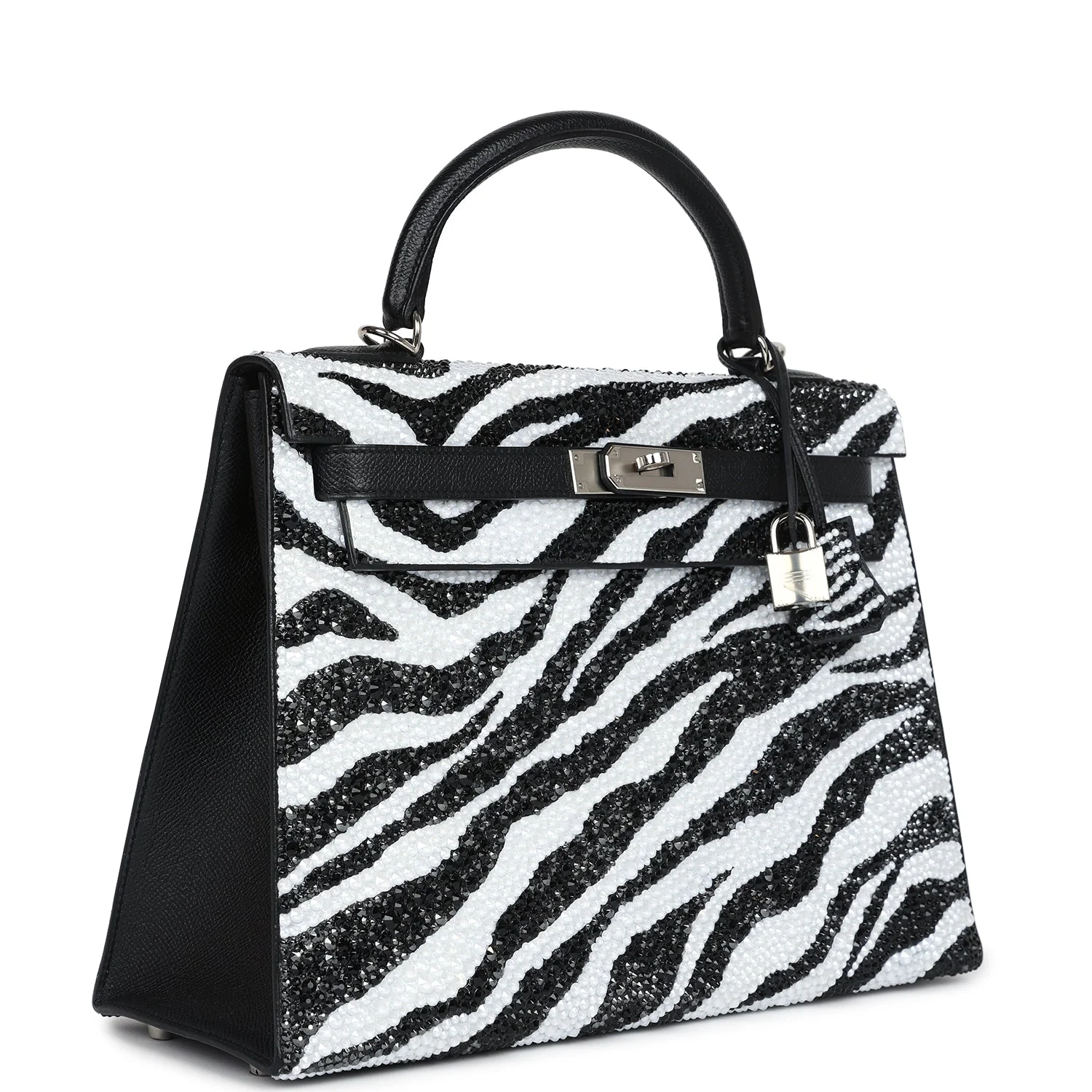 Replicate Custom Zebra Swarovski Crystal Hermes Kelly Sellier 32 Black Epsom Palladium Hardware(1:1 replica)