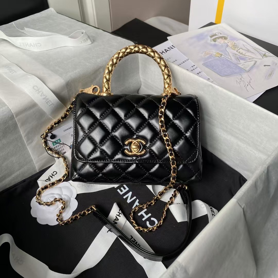 Replicate Chanel AS2215 Mini Flap Bag With Metal Top Handle Shiny Calfskin Black(1:1 replica)