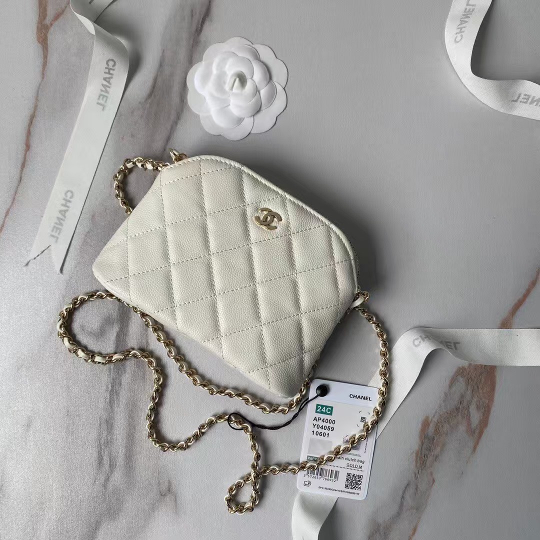 Replicate Chanel 24S AP4000 Mini Clutch With Chain Crossbody Bag White Caviar Light Gold Hardware(1:1 replica)