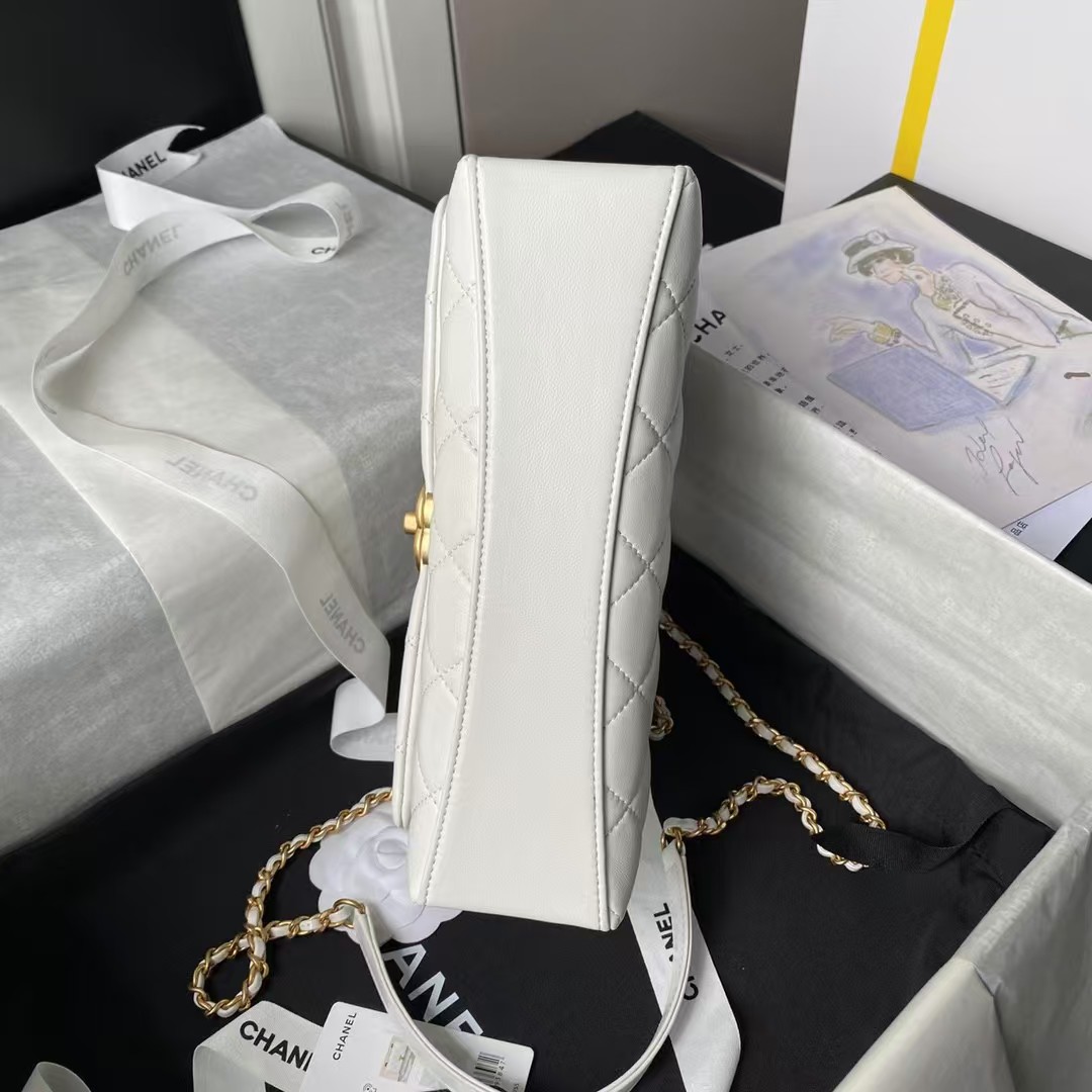 Replicate Chanel AS4997 Flap Bag Top Handle Shiny Lambskin Imitation Pearl   Gold Metal White(1:1 replica)