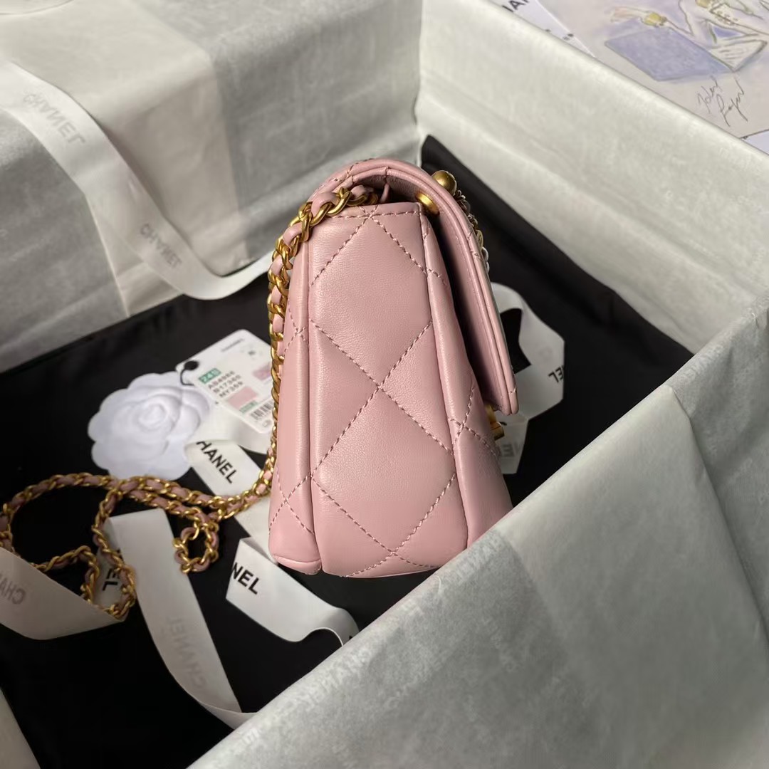 Replicate Chanel AS4986 Mini Flap bag Shiny Lambskin Imitation Pearls   Gold-Tone Metal Pink(1:1 replica)