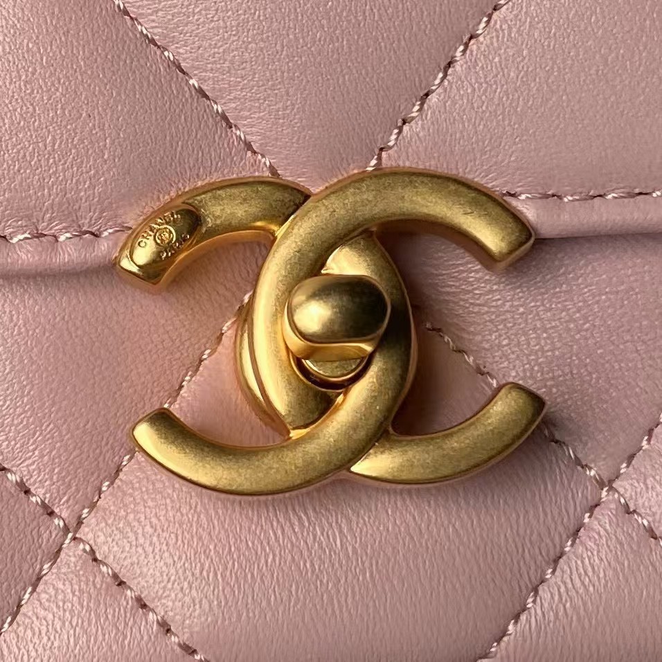 Replicate Chanel AS4986 Mini Flap bag Shiny Lambskin Imitation Pearls   Gold-Tone Metal Pink(1:1 replica)