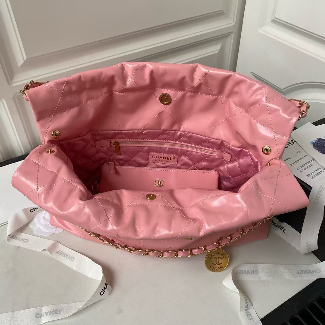 Replicate Chanel 22 Hobo Bag 24C AS4486 Gold Metallic Dark Pink Shiny Calfskin New Edition Horizontal(1:1 replica)