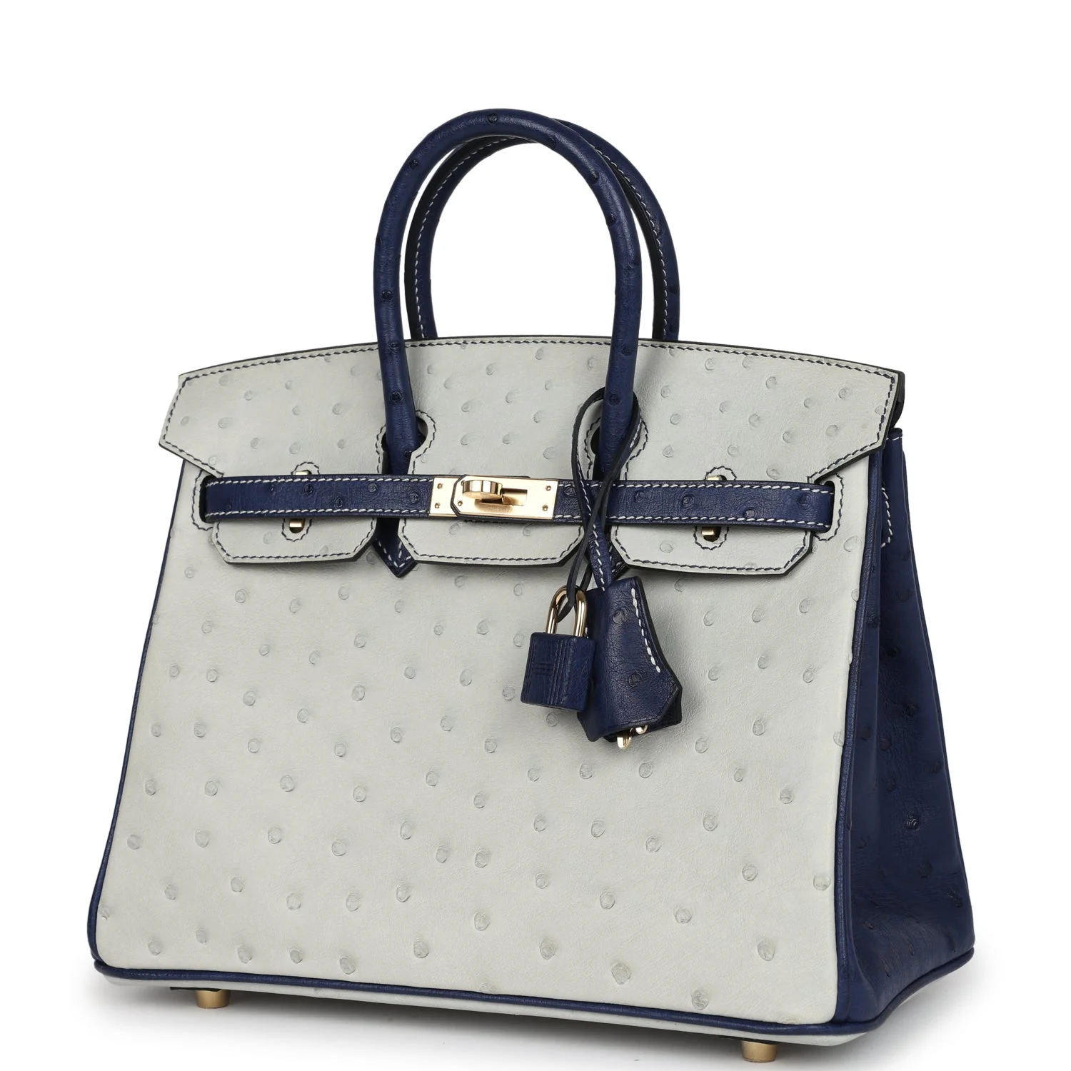 Replicate Hermes Special Order (HSS) Birkin 25 Gris Perle and Bleu Iris Ostrich Permabrass Hardware(1:1 replica)