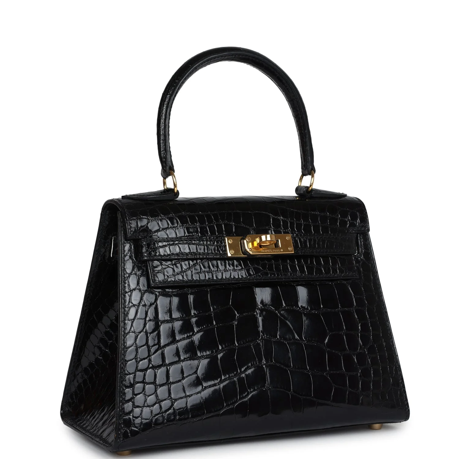 Replicate Vintage Hermes Kelly Sellier 20 Black Shiny Alligator Gold Hardware(1:1 replica)