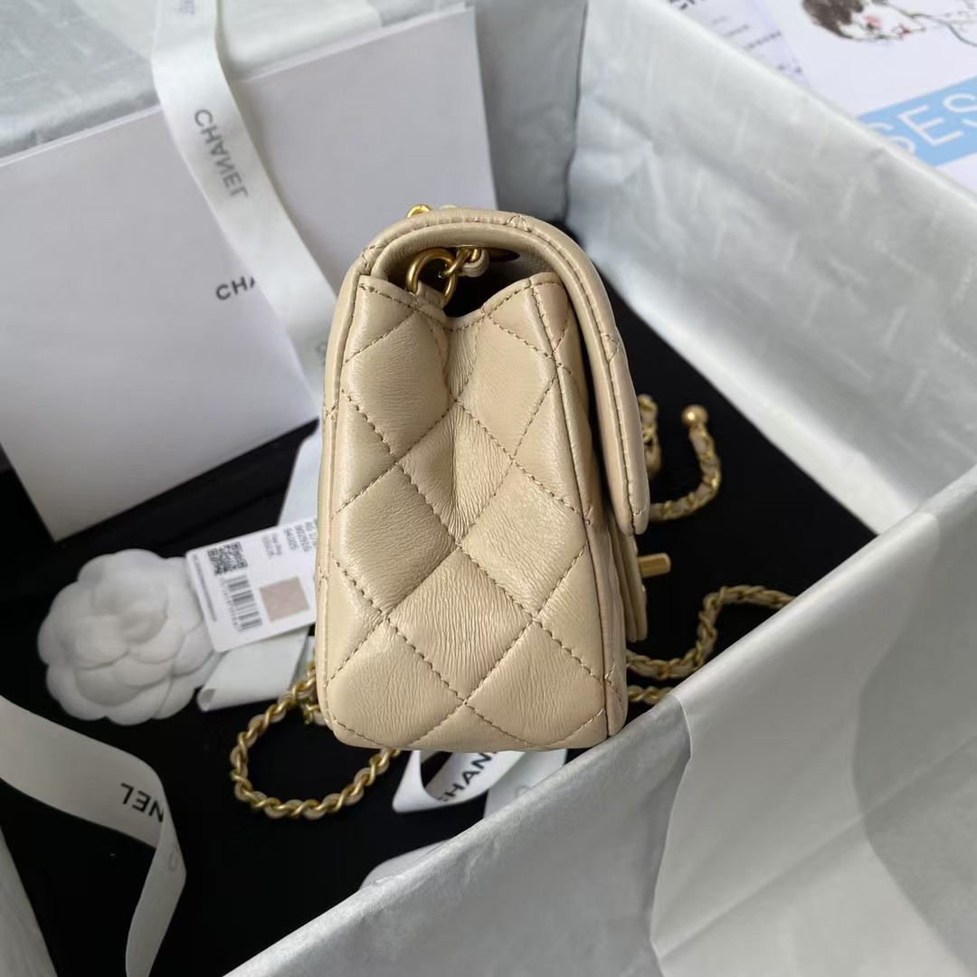 Replicate Chanel 23K AS1787 Mini Pearl Embossed Rectangular Flap Bag Lambskin Brushed Metal Hardware Apricot(1:1 replica)