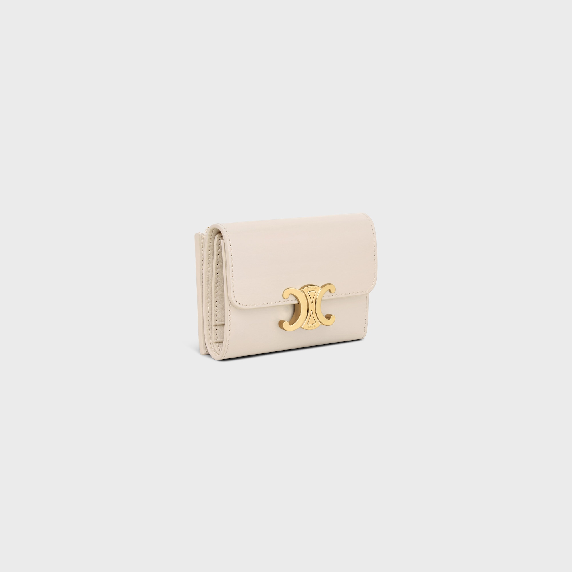 Replicate COMPACT WALLET WITH COIN TRIOMPHE IN SHINY CALFSKIN PALE BEIGE(1:1 replica)
