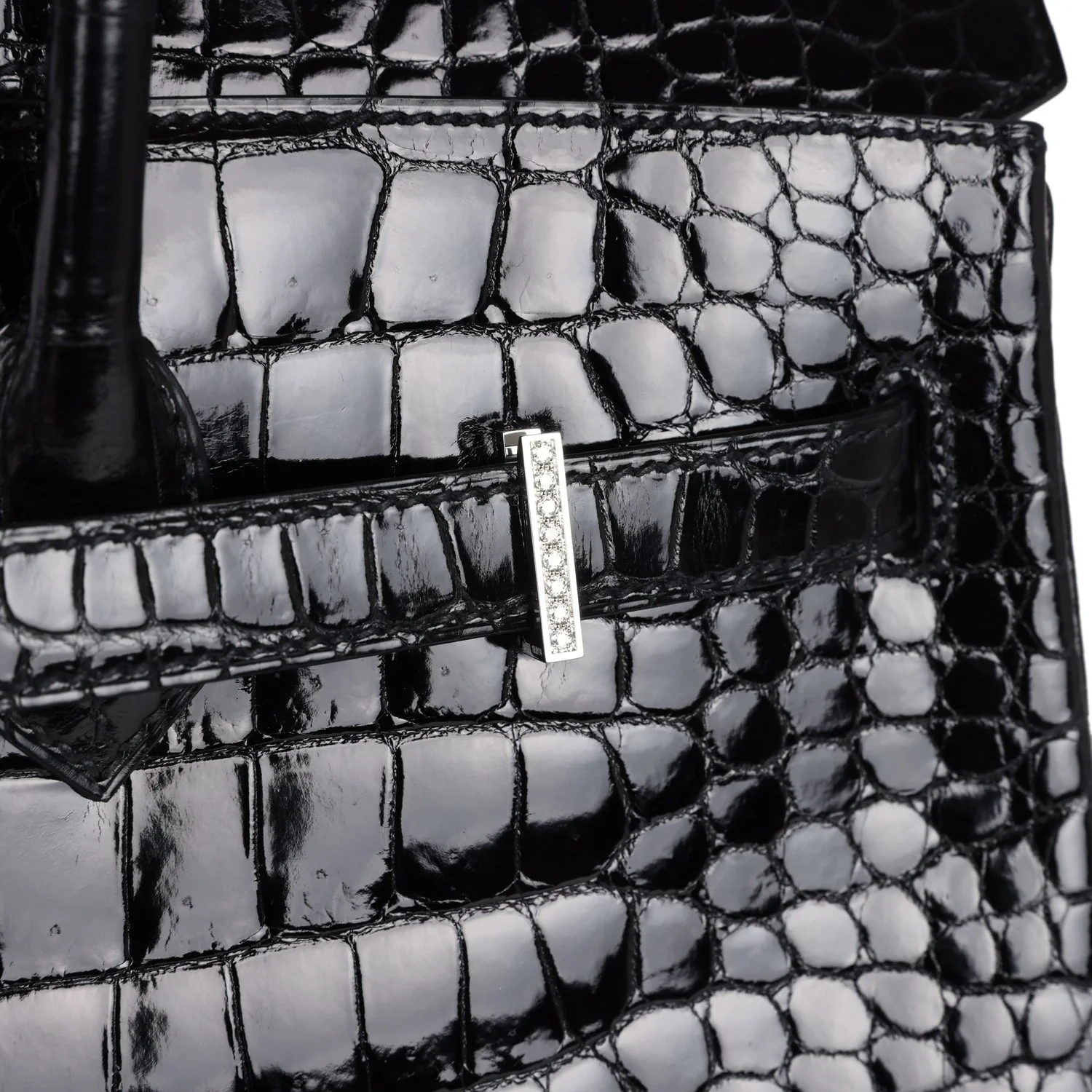 Replicate Hermes Birkin 35 Black Shiny Porosus Crocodile 18K White Gold Diamond Hardware(1:1 replica)