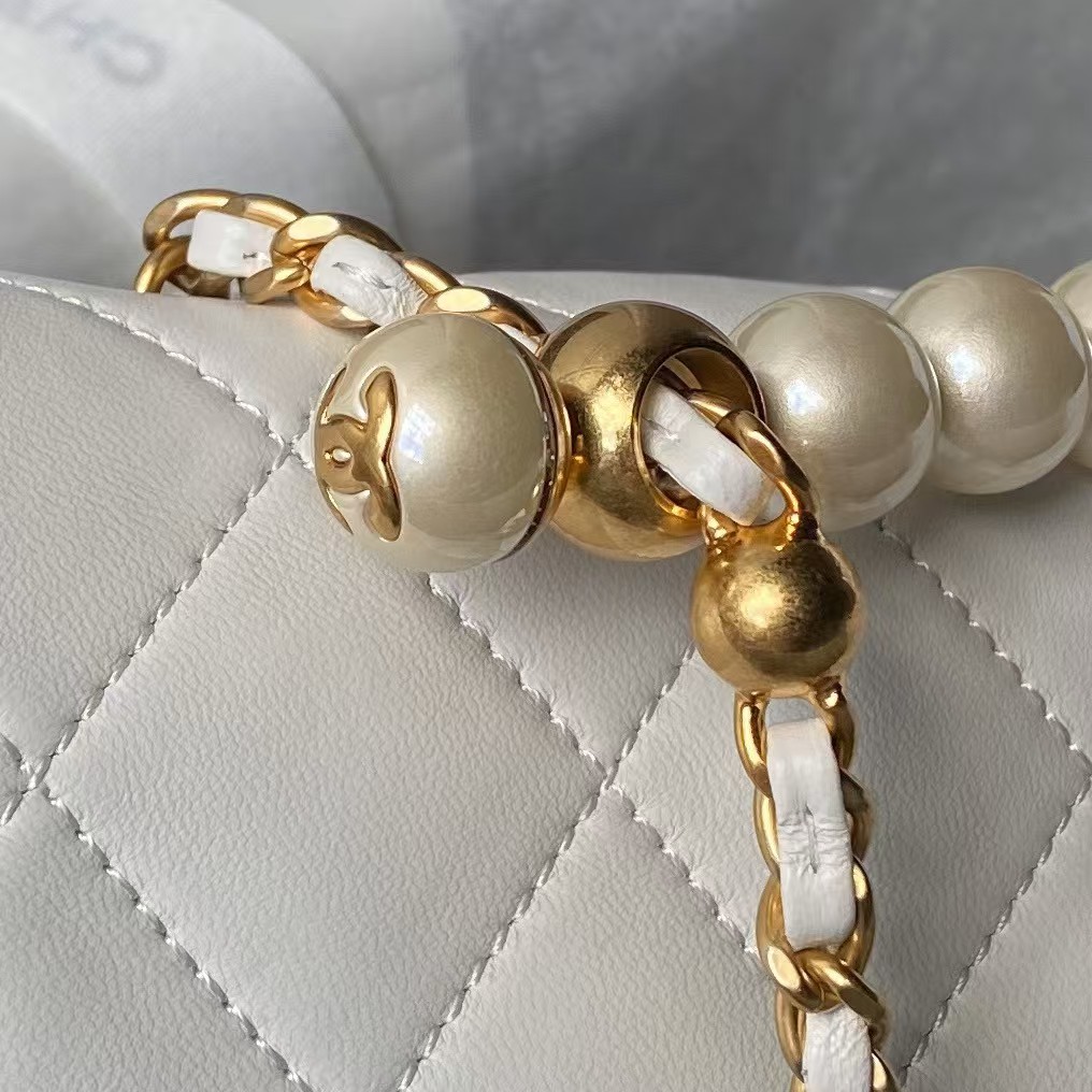 Replicate Chanel AS4997 Flap Bag Top Handle Shiny Lambskin Imitation Pearl   Gold Metal White(1:1 replica)