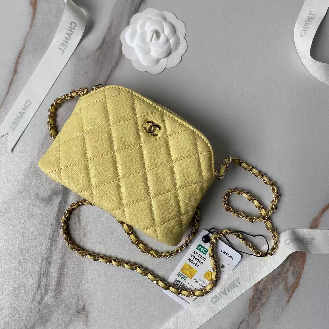 Replicate Chanel 24S AP4000 Mini Clutch With Chain Crossbody Bag Yellow Caviar Light Gold Hardware(1:1 replica)