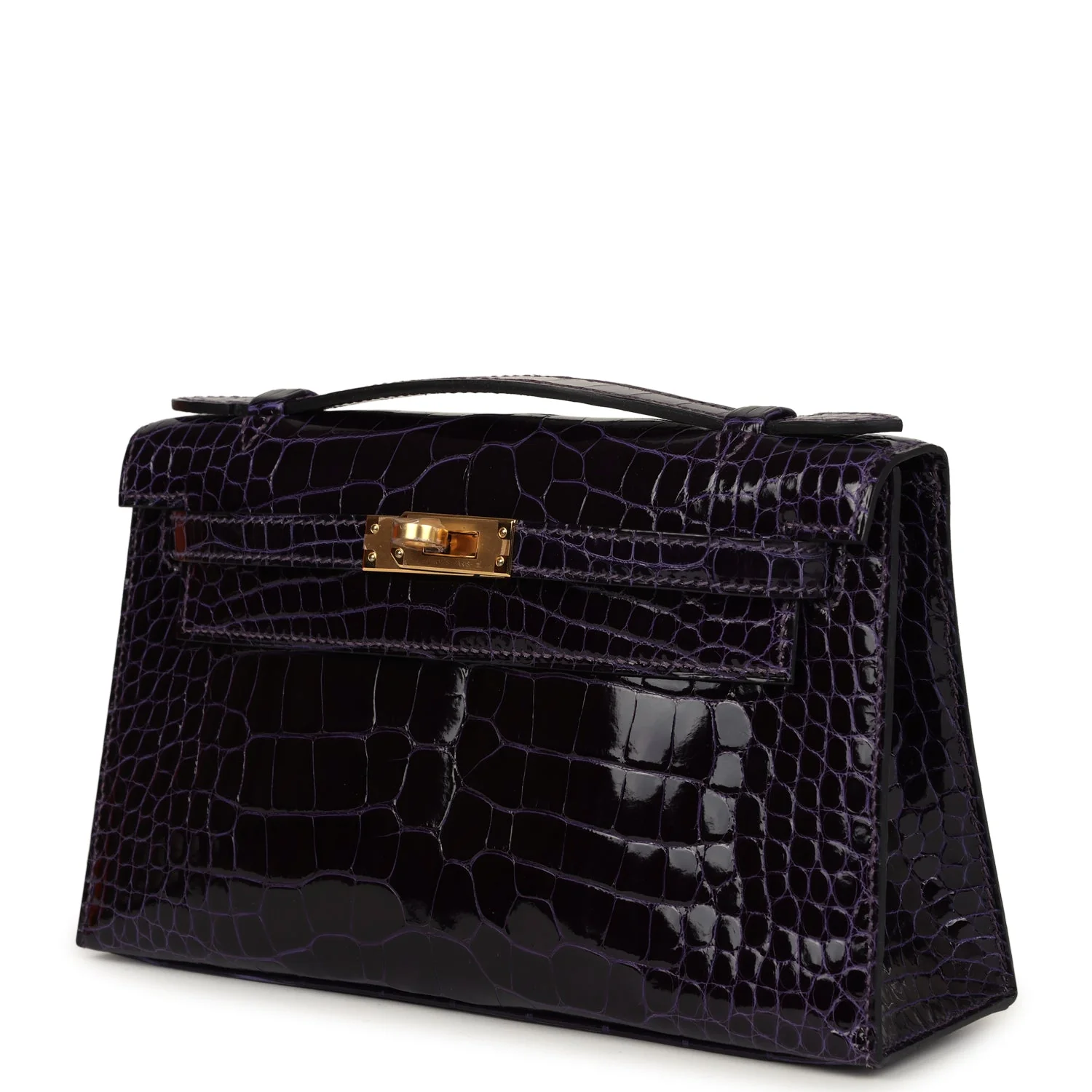 Replicate Hermes Kelly Pochette Amethyst Shiny Alligator Gold Hardware(1:1 replica)