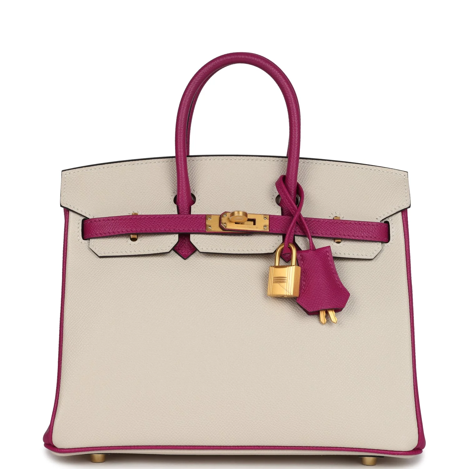 Replicate Hermes Special Order (HSS) Birkin Sellier 25 Craie and Rose Pourpre Epsom Brushed Gold Hardware(1:1 replica)