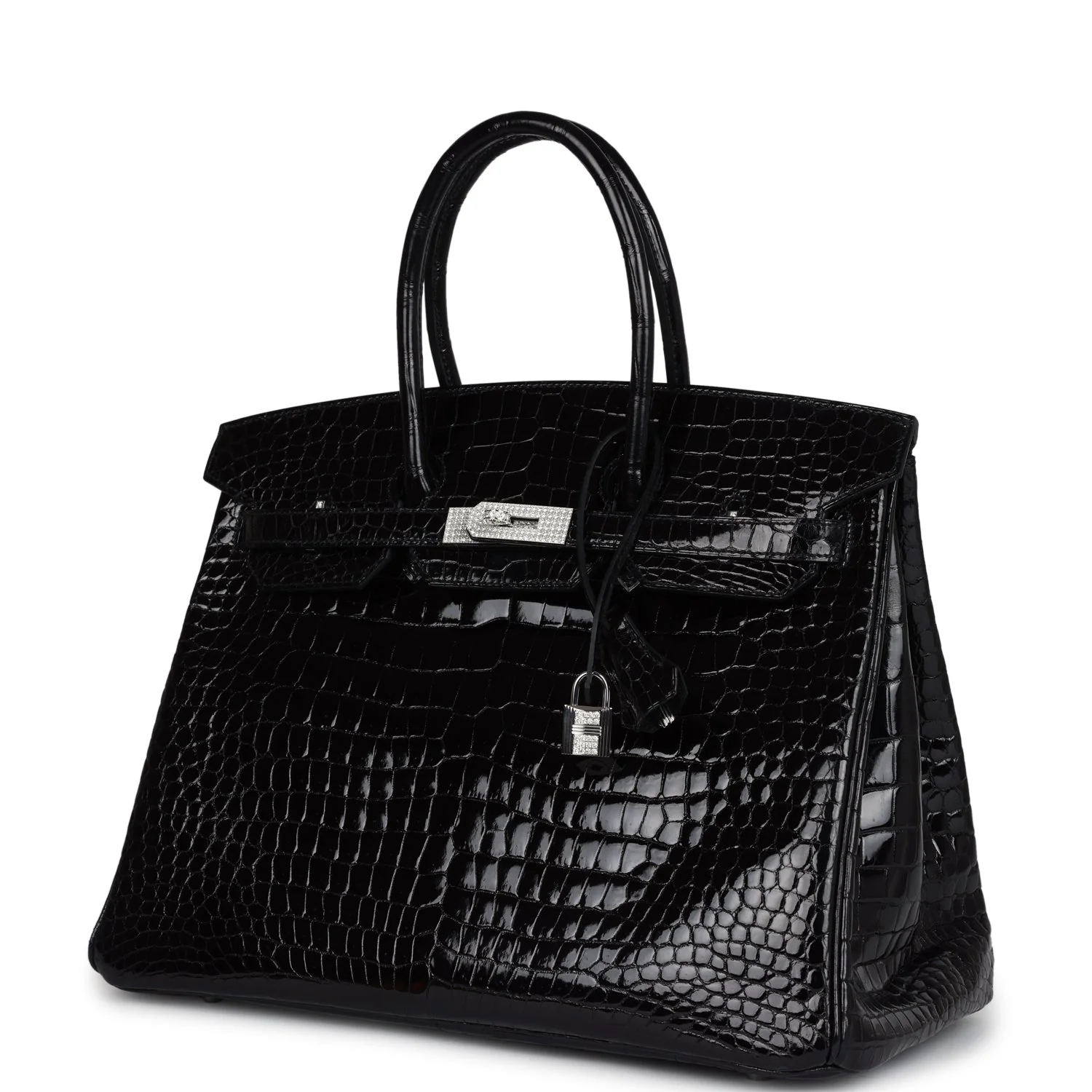 Replicate Hermes Birkin 35 Black Shiny Porosus Crocodile 18K White Gold Diamond Hardware(1:1 replica)
