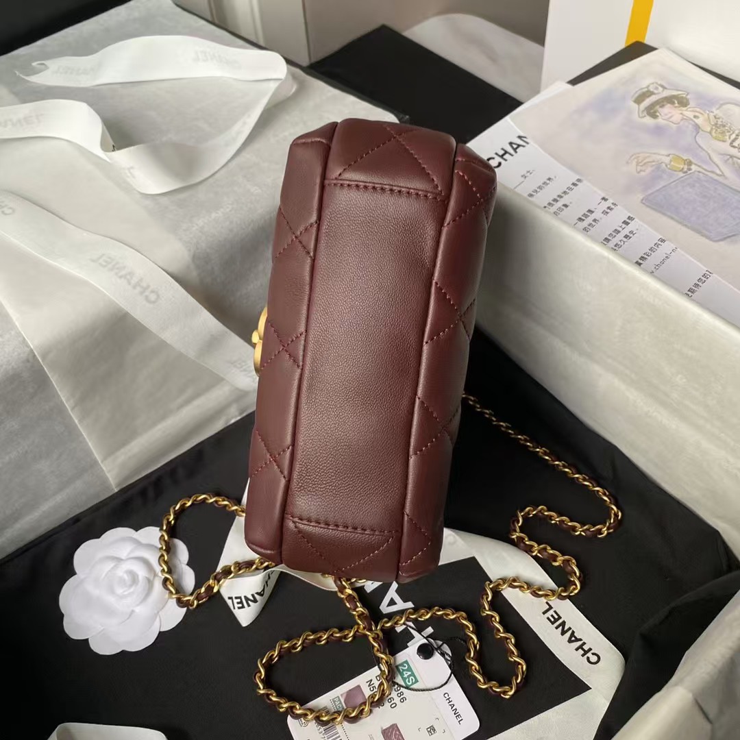 Replicate Chanel AS4986 Mini Flap bag Shiny Lambskin Imitation Pearls   Gold-Tone Metal Wine Red(1:1 replica)