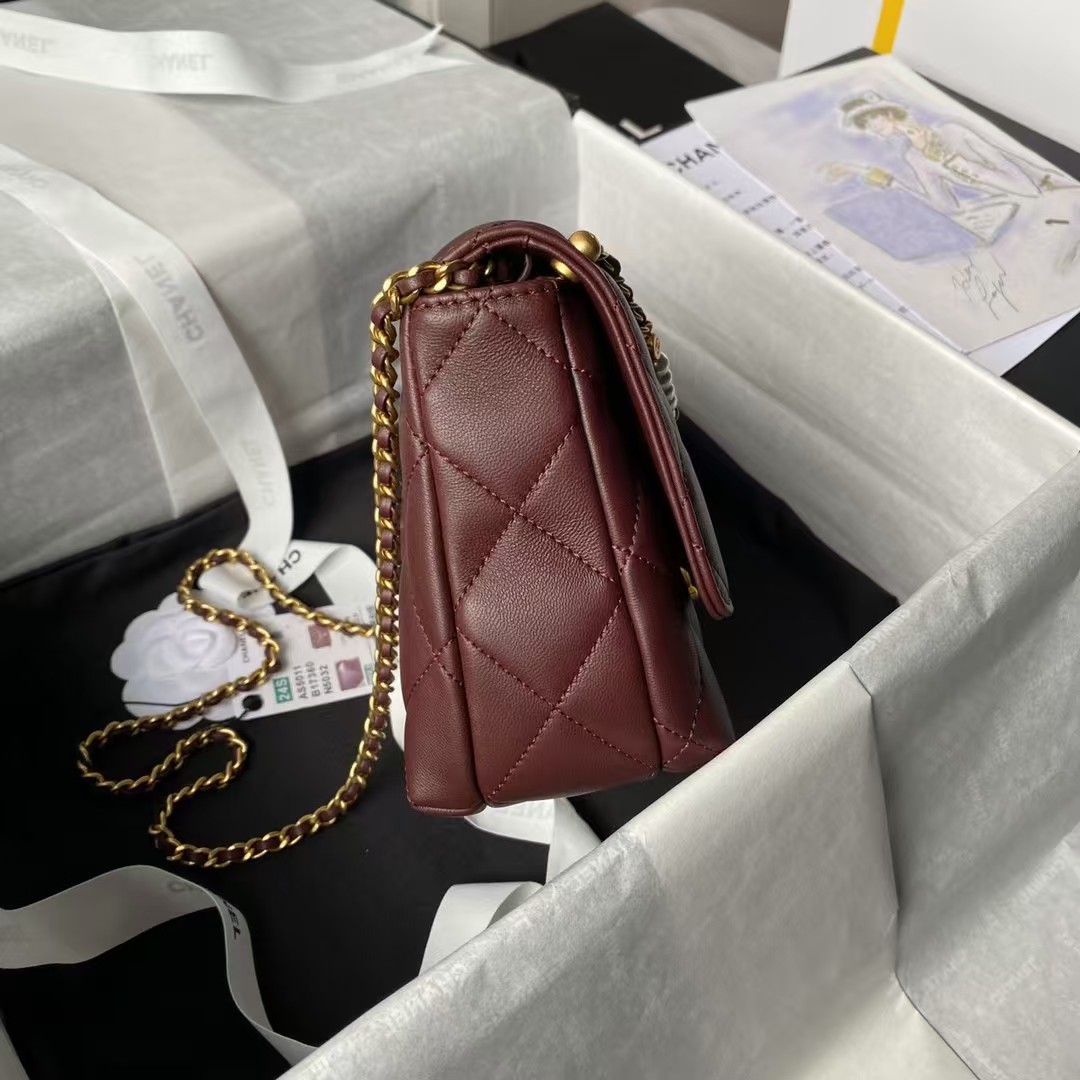 Replicate Chanel AS5011 Flap bag Shiny Lambskin Imitation Pearls   Gold-Tone Metal Wine Red(1:1 replica)