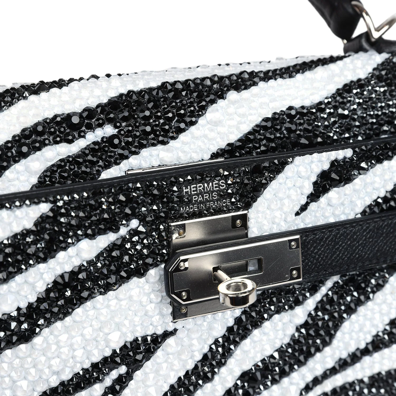 Replicate Custom Zebra Swarovski Crystal Hermes Kelly Sellier 32 Black Epsom Palladium Hardware(1:1 replica)