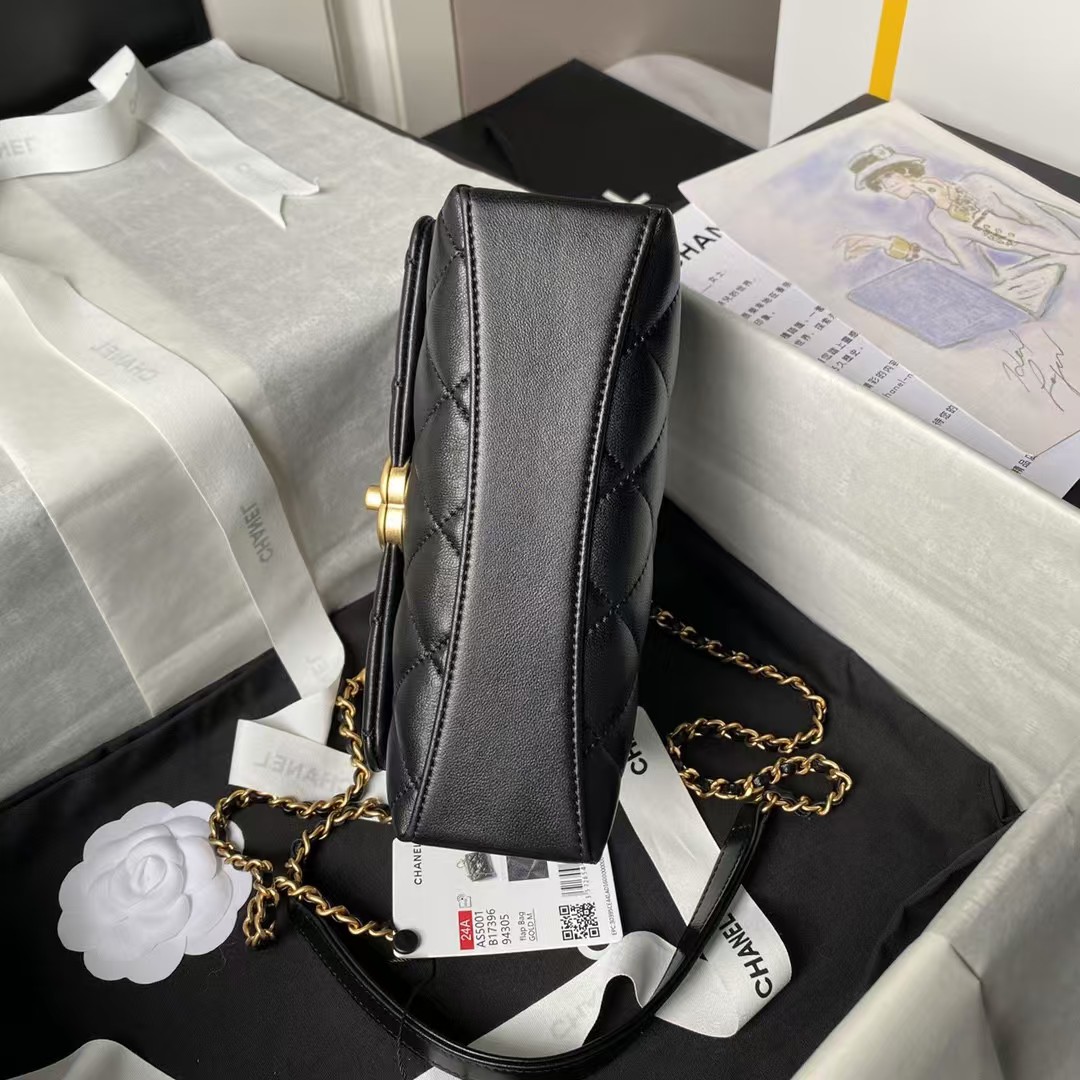 Replicate Chanel AS5001 Mini Flap Bag Top Handle Shiny Lambskin Imitation Pearl   Gold Metal Black(1:1 replica)