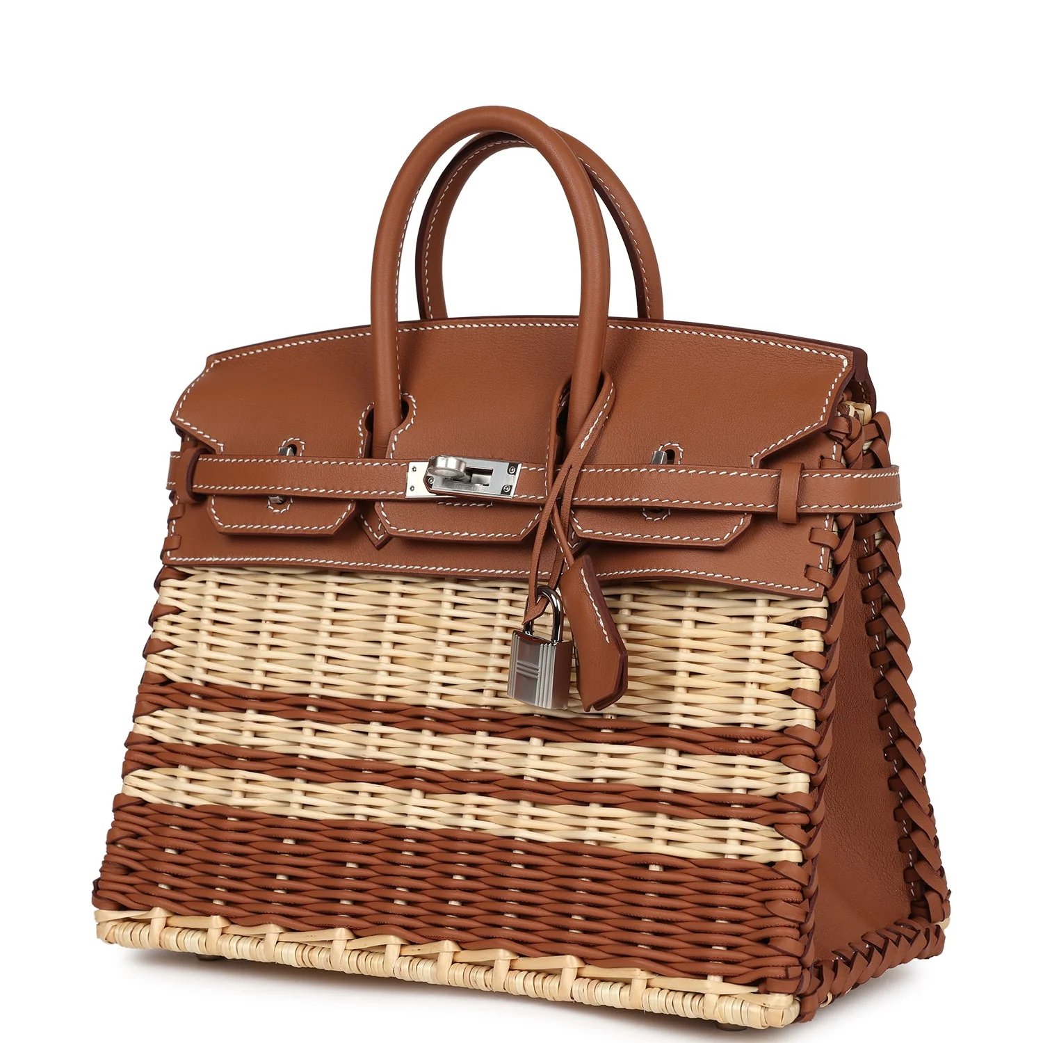 Replicate Hermes Picnic Birkin 25 Gold Swift and Stripe Wicker Palladium Hardware(1:1 replica)