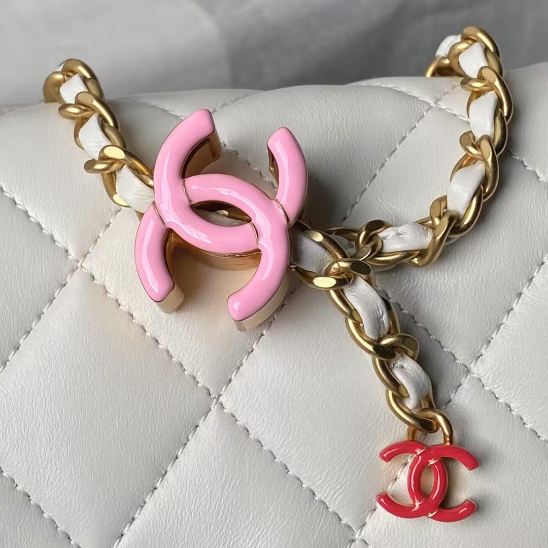 Replicate Chanel AS4973 Mini Flap Bag Shiny Lambskin Enamel   Gold-Tone Metal White(1:1 replica)