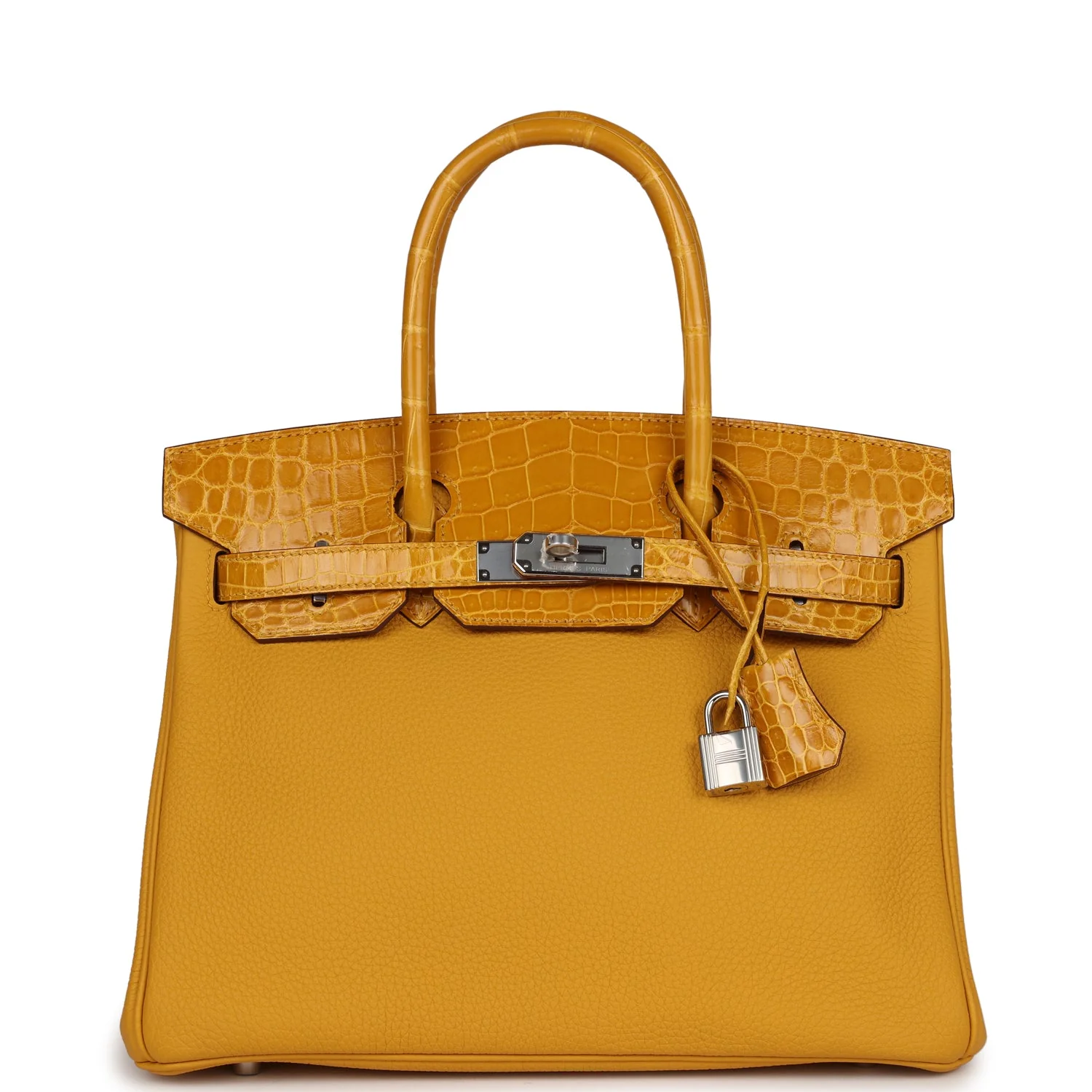 Replicate Hermes Birkin 30 Jaune Ambre Shiny Niloticus Crocodile and Togo Touch Palladium Hardware(1:1 replica)