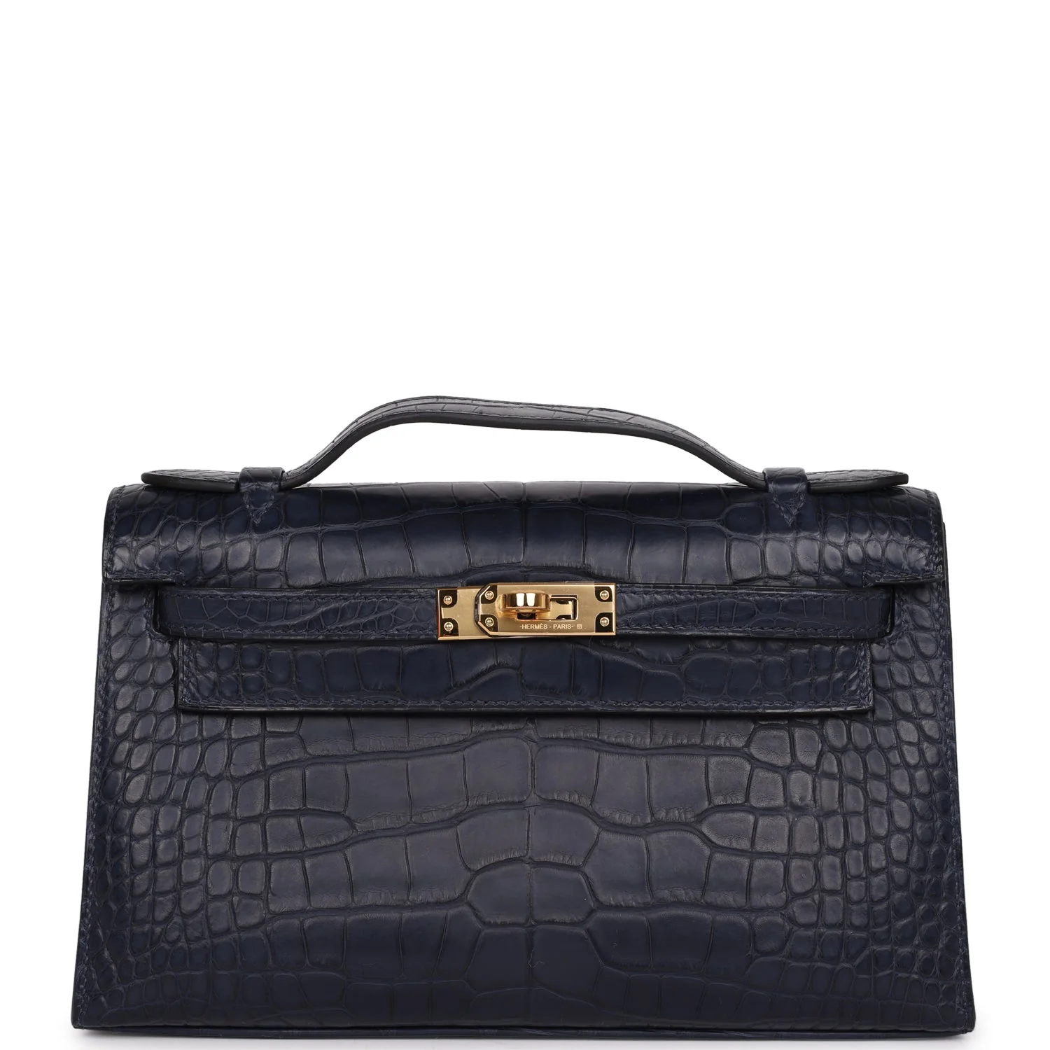 Replicate Hermes Kelly Pochette Bleu Indigo Matte Alligator Gold Hardware(1:1 replica)
